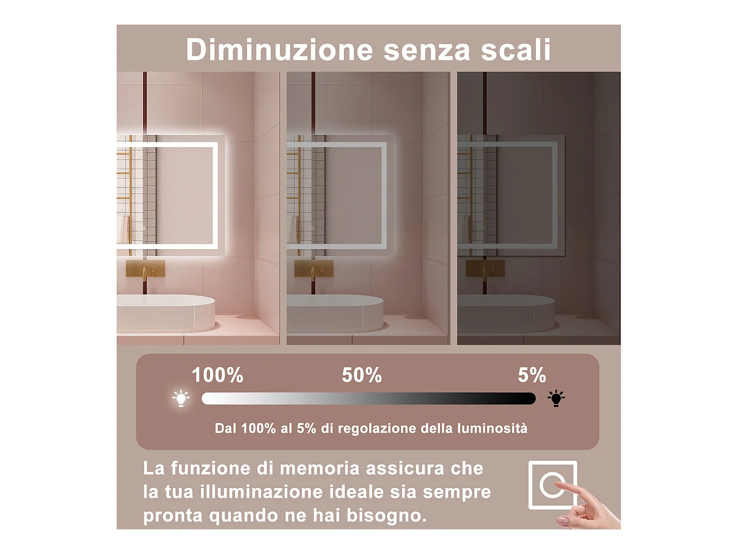 AICA Specchio da bagno  100 x 60 cm, dimmerabile, interruttore touch, Funzione Memoria, antiappannamento