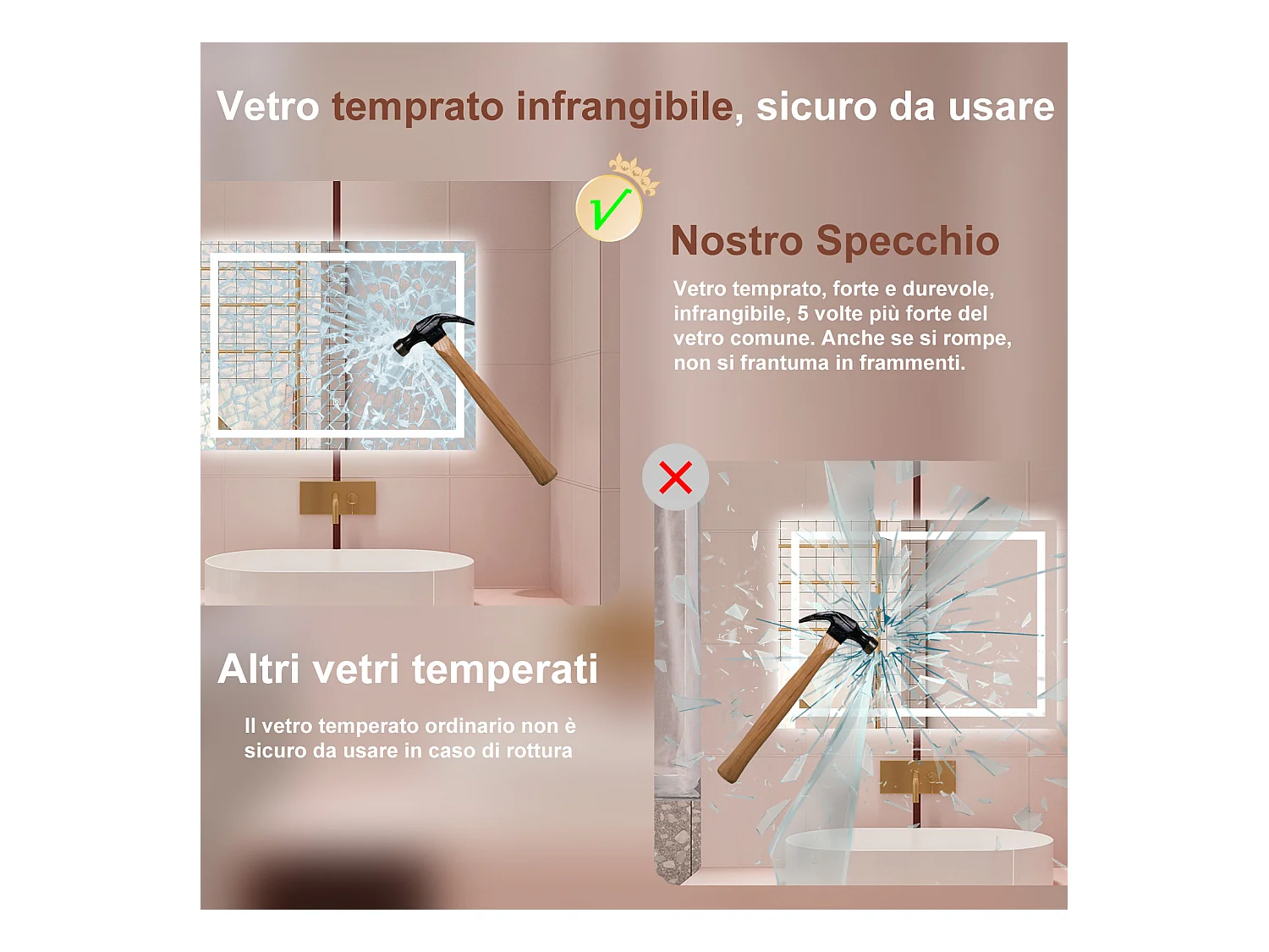 AICA Specchio da bagno  100 x 60 cm, dimmerabile, interruttore touch, Funzione Memoria, antiappannamento