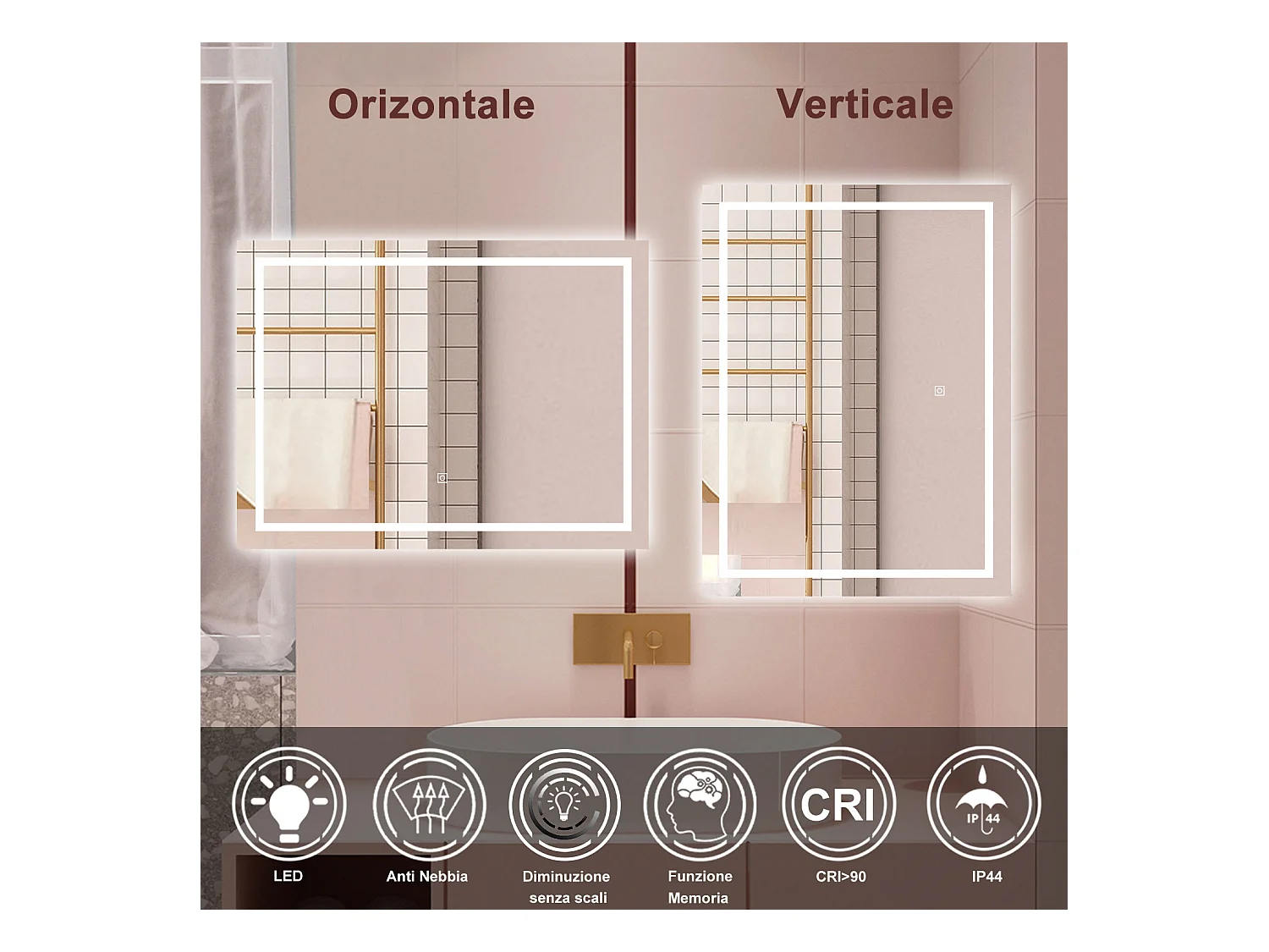 AICA Specchio da bagno  100 x 60 cm, dimmerabile, interruttore touch, Funzione Memoria, antiappannamento