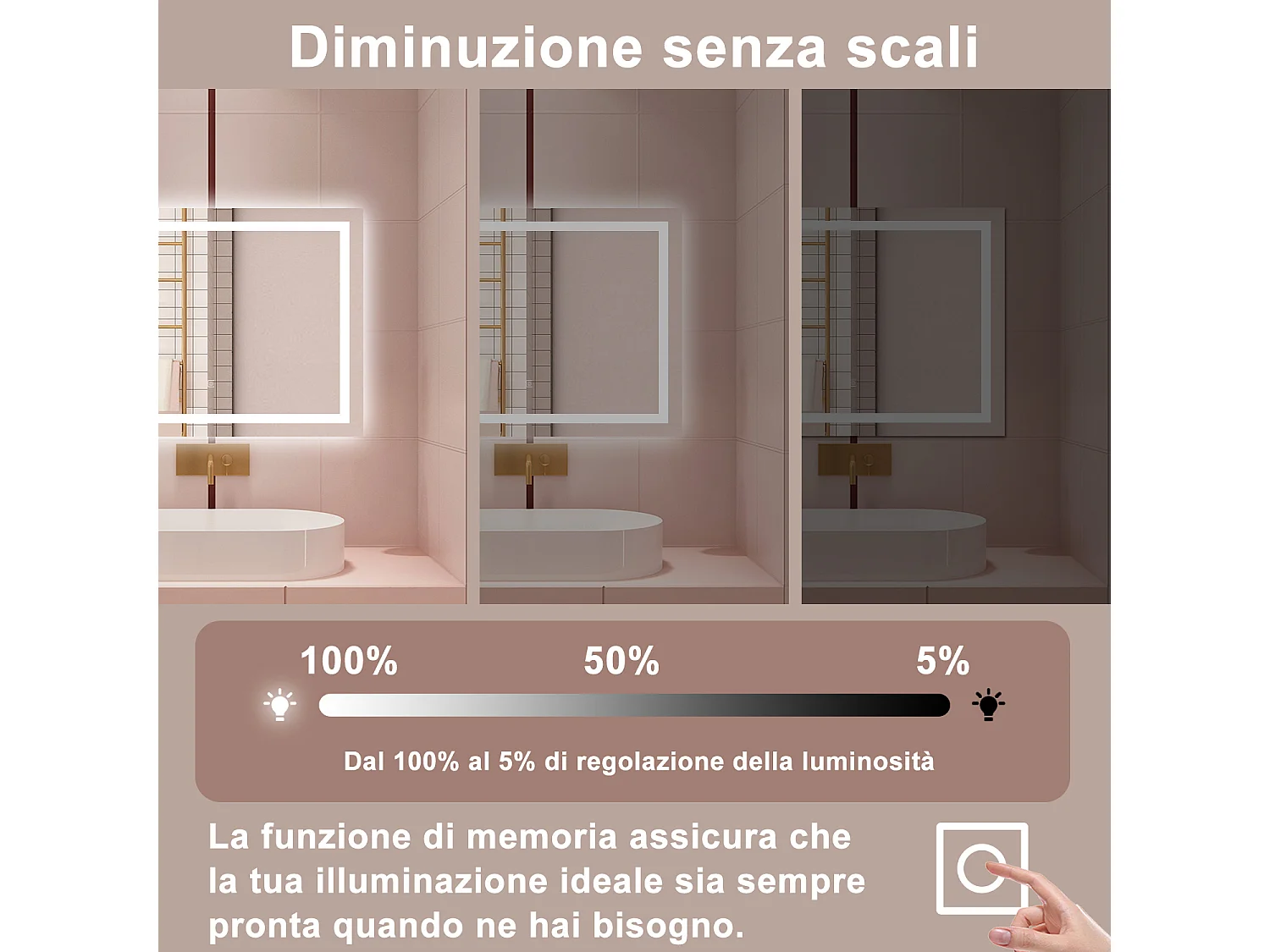 AICA Specchio da bagno  100 x 60 cm, dimmerabile, interruttore touch, Funzione Memoria, antiappannamento