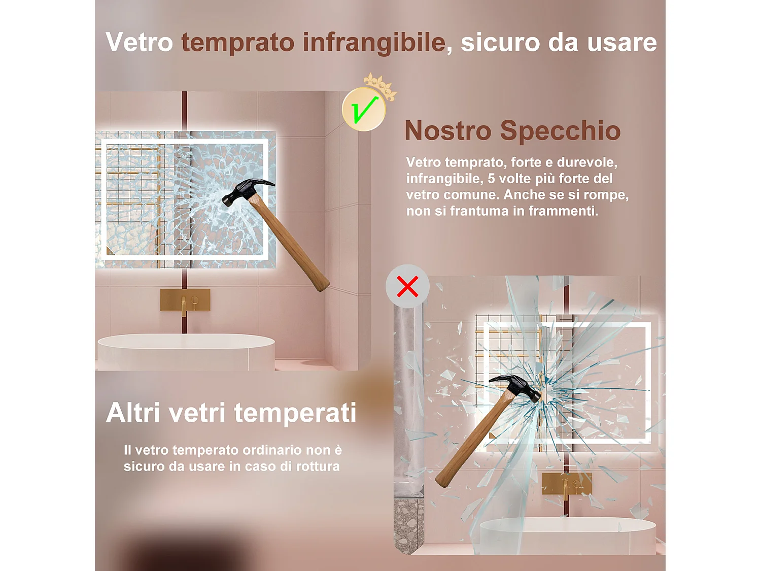 AICA Specchio da bagno  100 x 60 cm, dimmerabile, interruttore touch, Funzione Memoria, antiappannamento