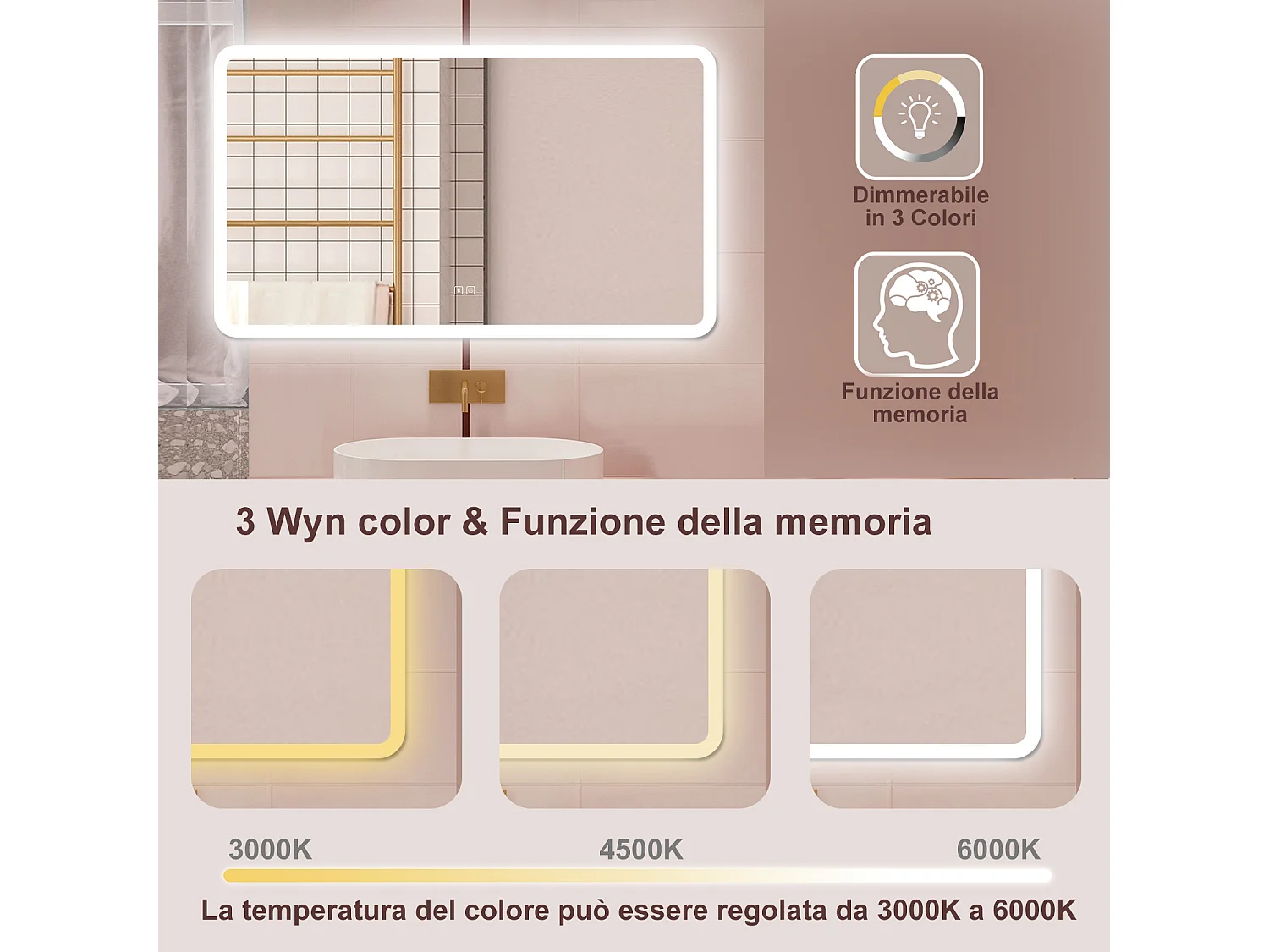 AICA Specchio da bagno  70 x 120 cm, dimmerabile, Blue tooth, Funzione Memoria, antiappannamento, 3 colori