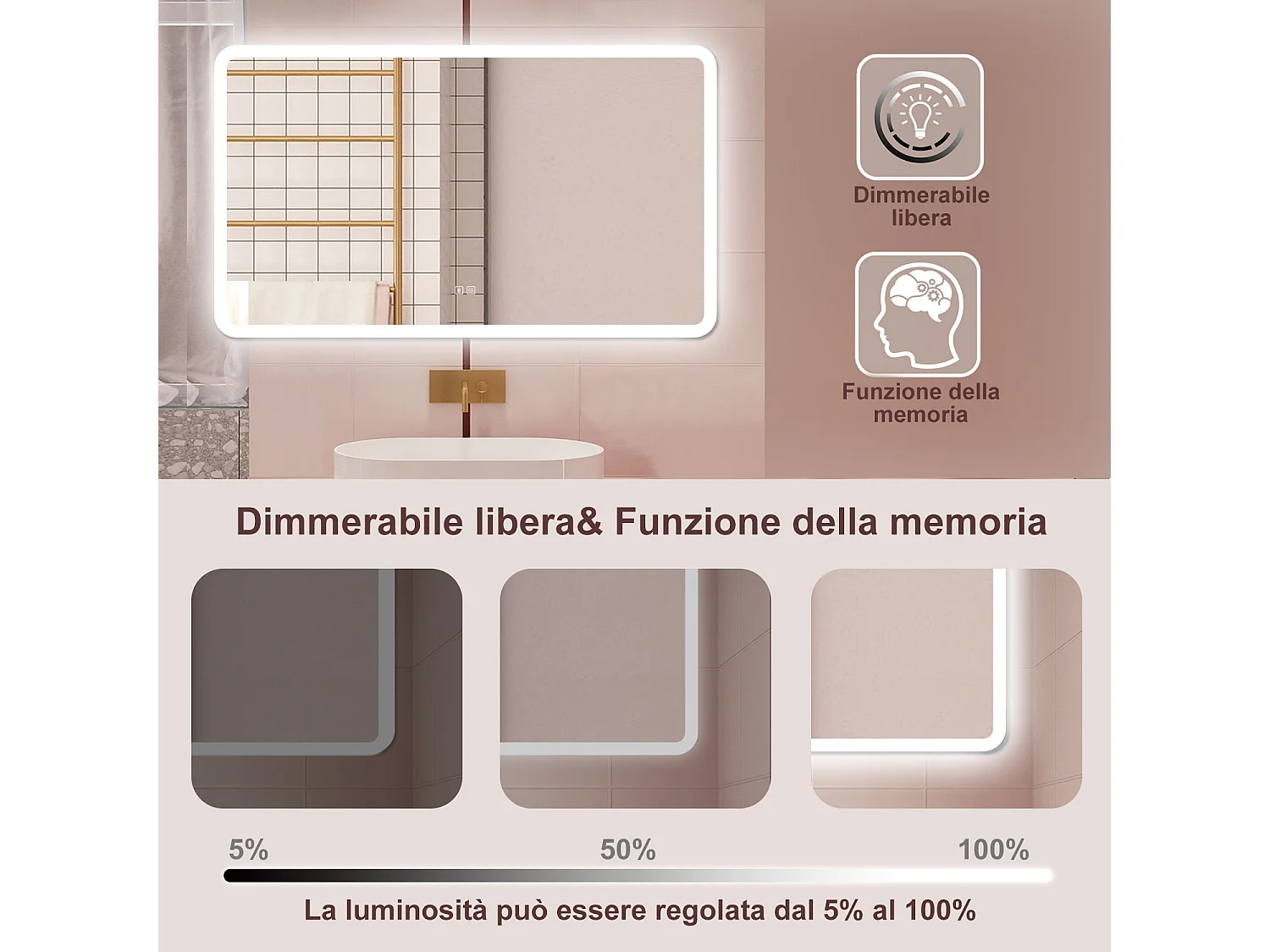 AICA Specchio da bagno  70 x 120 cm, dimmerabile, Blue tooth, Funzione Memoria, antiappannamento, 3 colori
