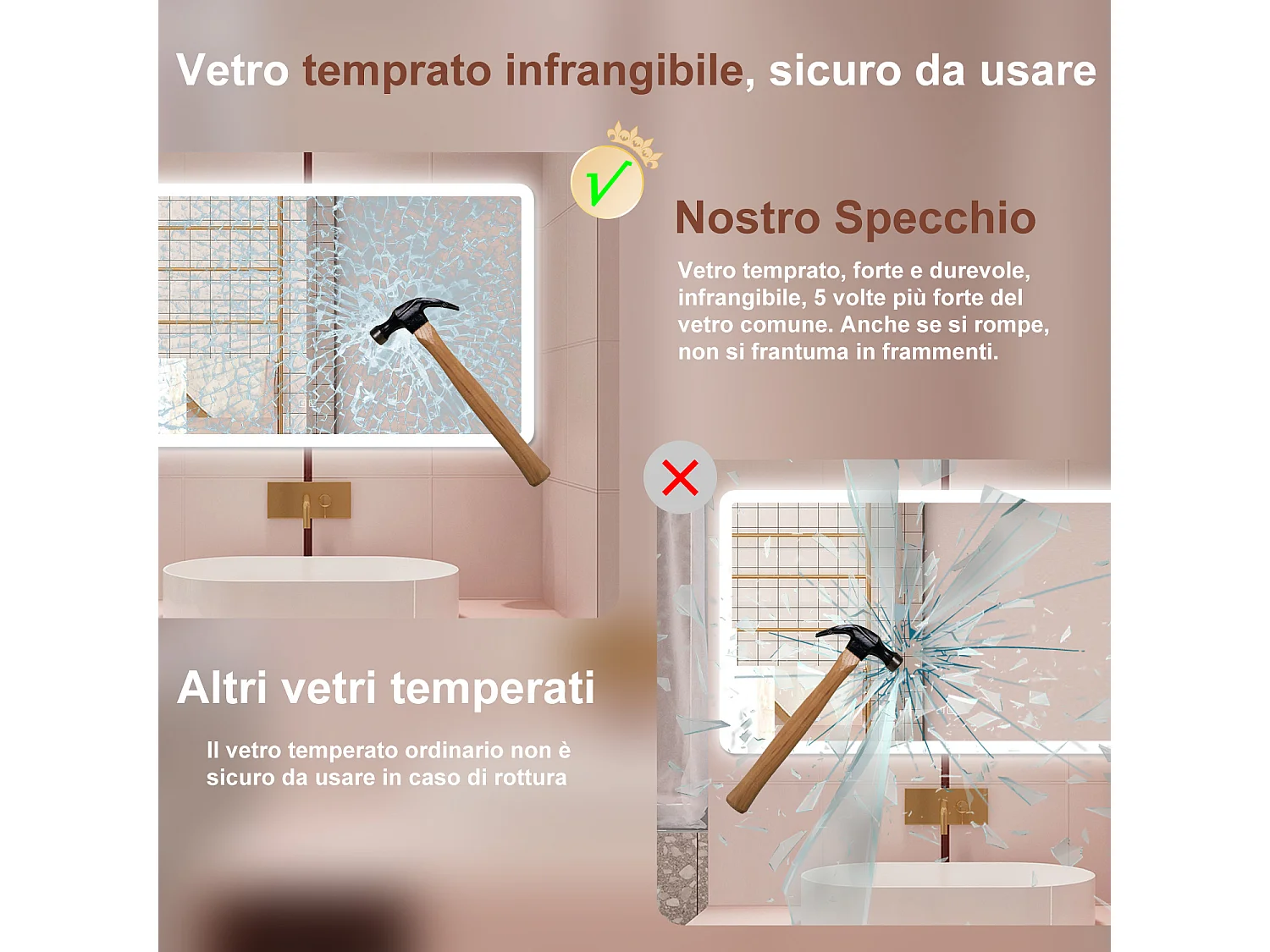 AICA Specchio da bagno  70 x 120 cm, dimmerabile, Blue tooth, Funzione Memoria, antiappannamento, 3 colori