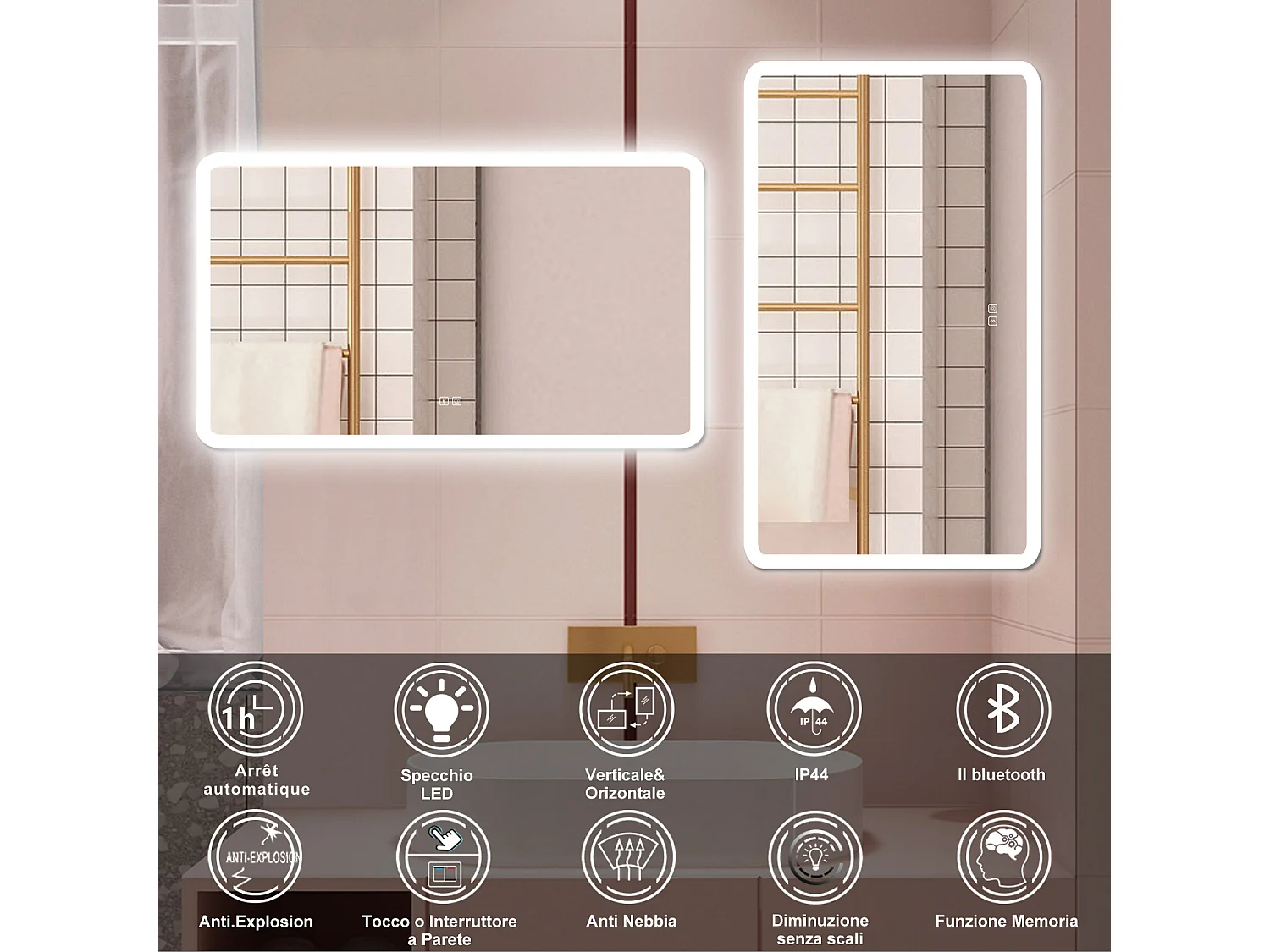 AICA Specchio da bagno  70 x 120 cm, dimmerabile, Blue tooth, Funzione Memoria, antiappannamento, 3 colori