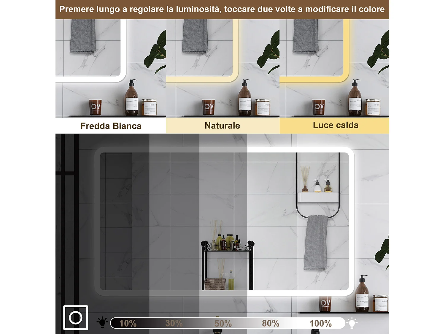 AICA Specchio da bagno  70 x 50 cm, dimmerabile, Blue tooth, Funzione Memoria, antiappannamento, 3 colori