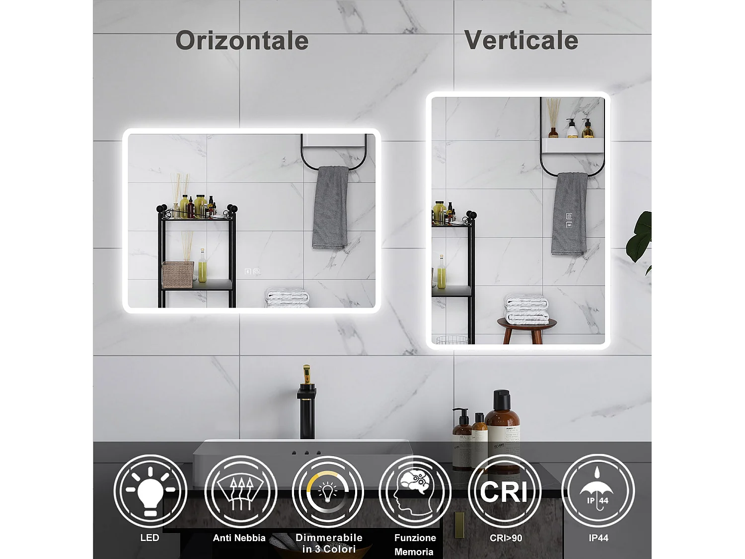 AICA Specchio da bagno  70 x 50 cm, dimmerabile, Blue tooth, Funzione Memoria, antiappannamento, 3 colori