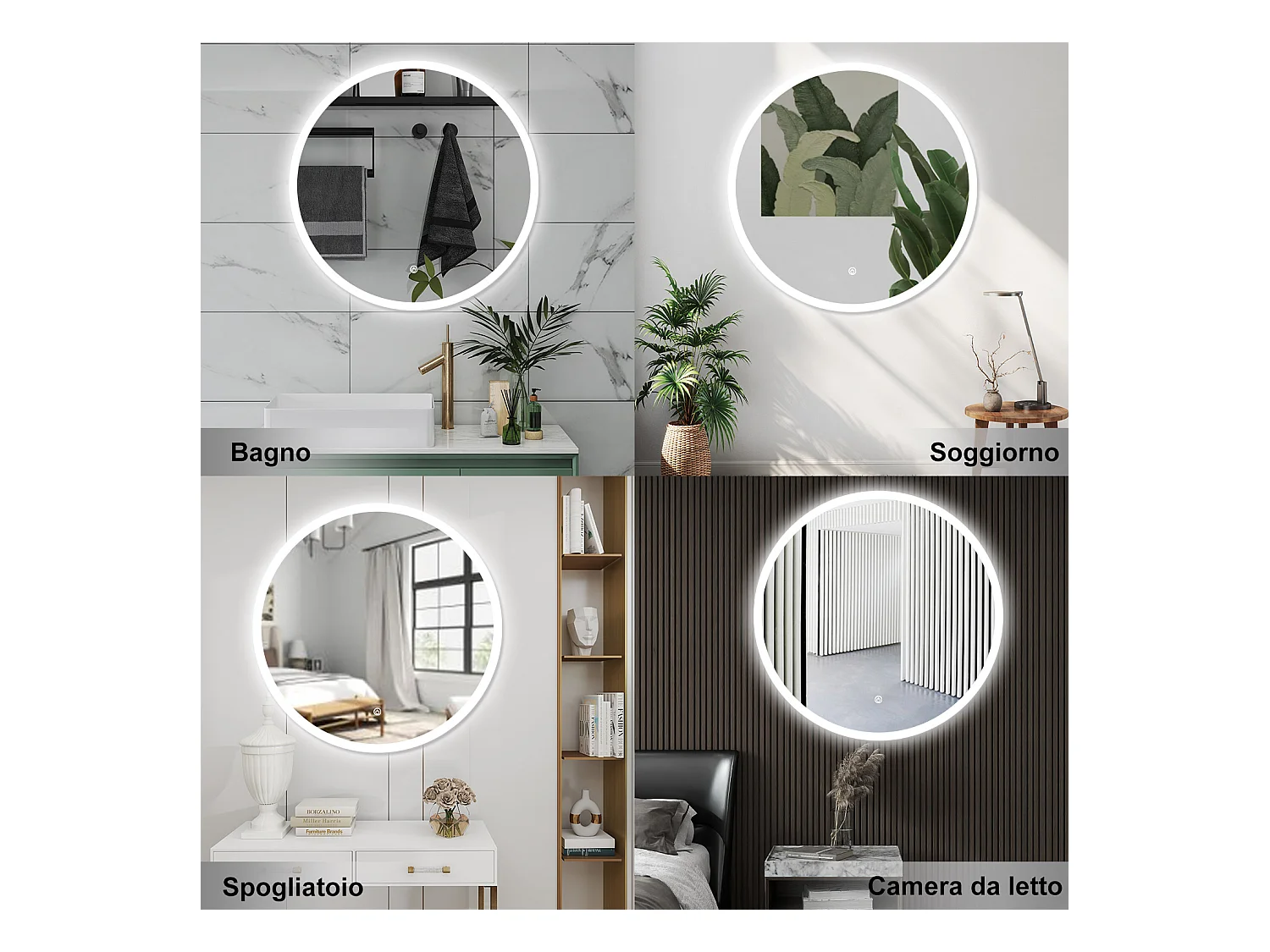 AICA Specchio da bagno 90 x 90 cm, 3 colori, antiappannamento, dimmerabile, interruttore touch, Funzione Memoria