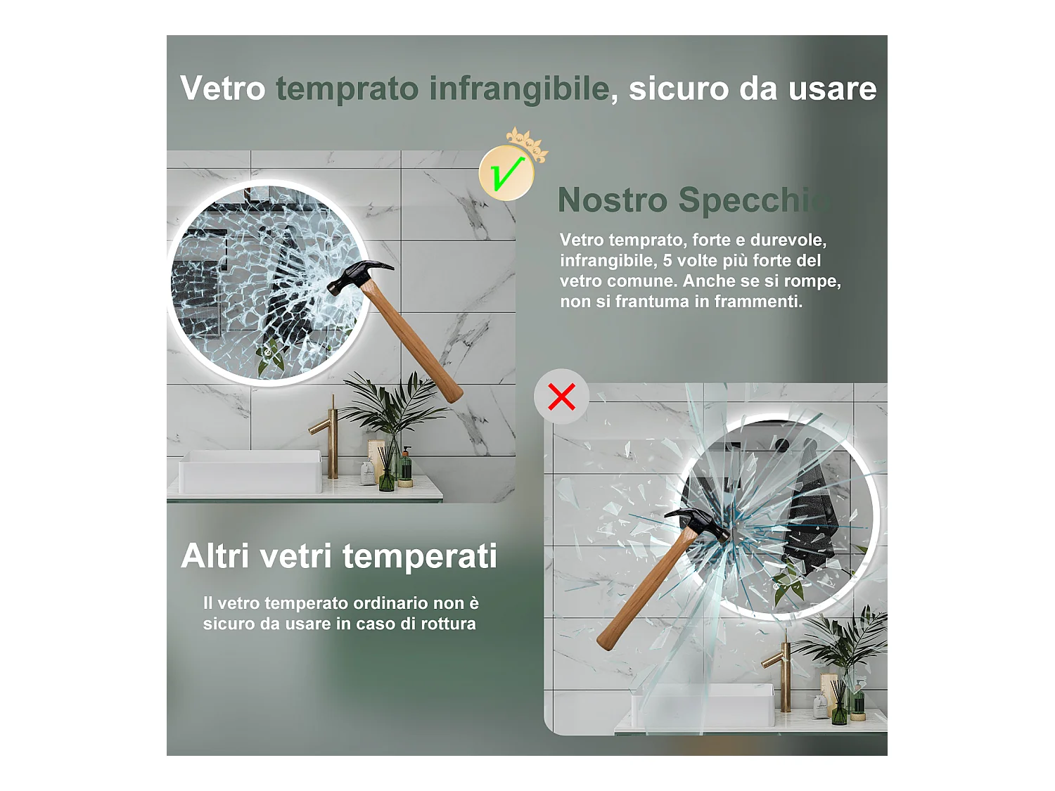 AICA Specchio da bagno 90 x 90 cm, 3 colori, antiappannamento, dimmerabile, interruttore touch, Funzione Memoria