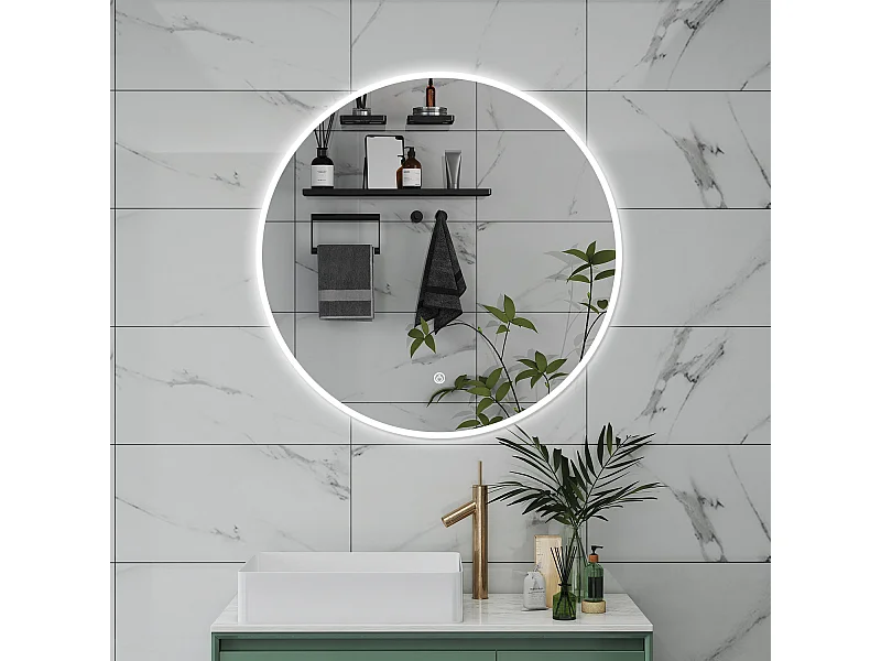 AICA Specchio da bagno 90 x 90 cm, 3 colori, antiappannamento, dimmerabile, interruttore touch, Funzione Memoria