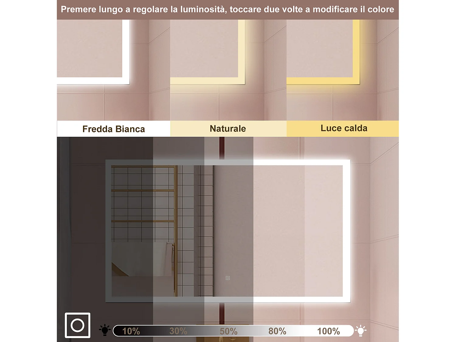 AICA Specchio da bagno  50 x 70 cm, dimmerabile, Funzione Memoria, antiappannamento, 3 colori