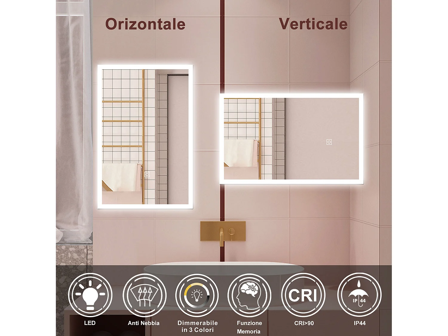 AICA Specchio da bagno  50 x 70 cm, dimmerabile, Funzione Memoria, antiappannamento, 3 colori