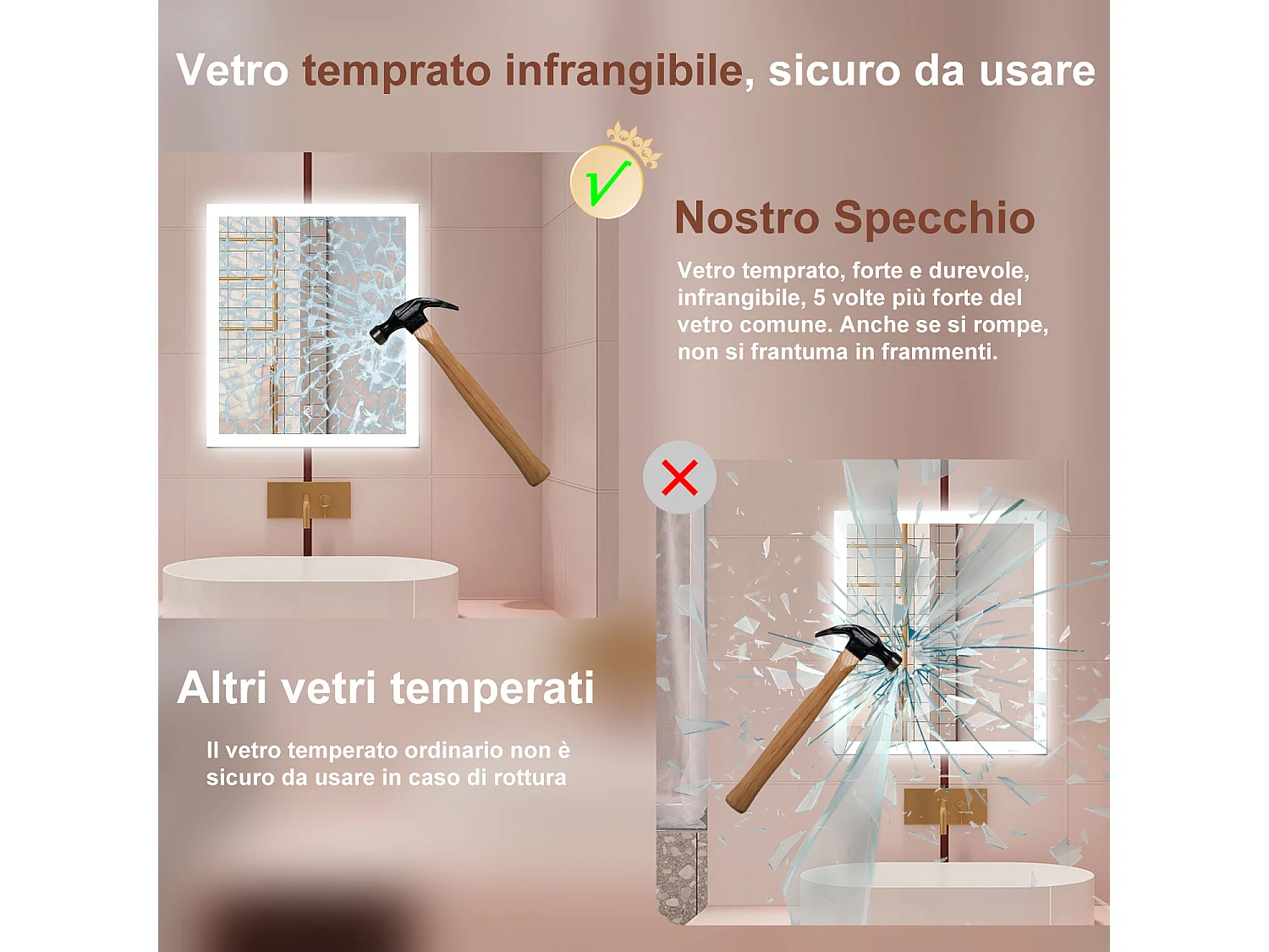 AICA Specchio da bagno  50 x 70 cm, dimmerabile, Funzione Memoria, antiappannamento, 3 colori