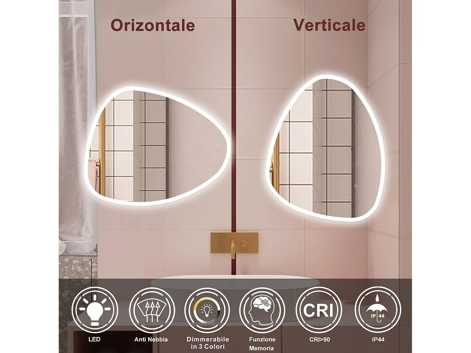 AICA Specchio da bagno 100 x 80 cm, dimmerabile, Funzione Memoria, antiappannamento, 3 colori