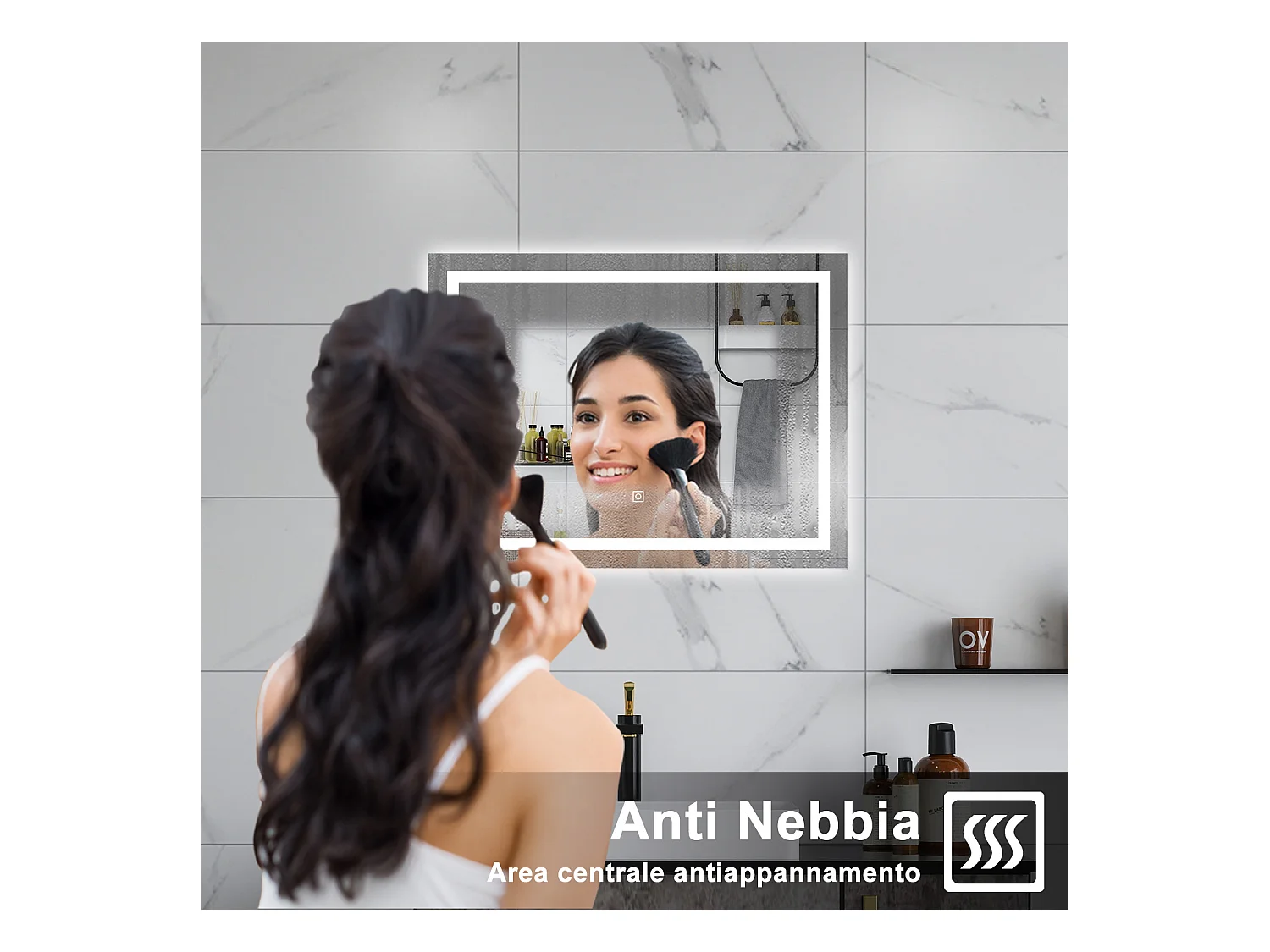 AICA Specchio da bagno  100 x 60 cm, dimmerabile, interruttore touch, Funzione Memoria, antiappannamento