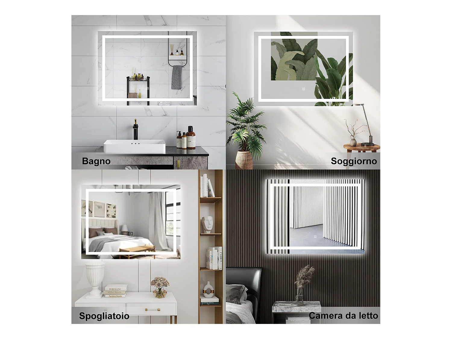 AICA Specchio da bagno  100 x 60 cm, dimmerabile, interruttore touch, Funzione Memoria, antiappannamento