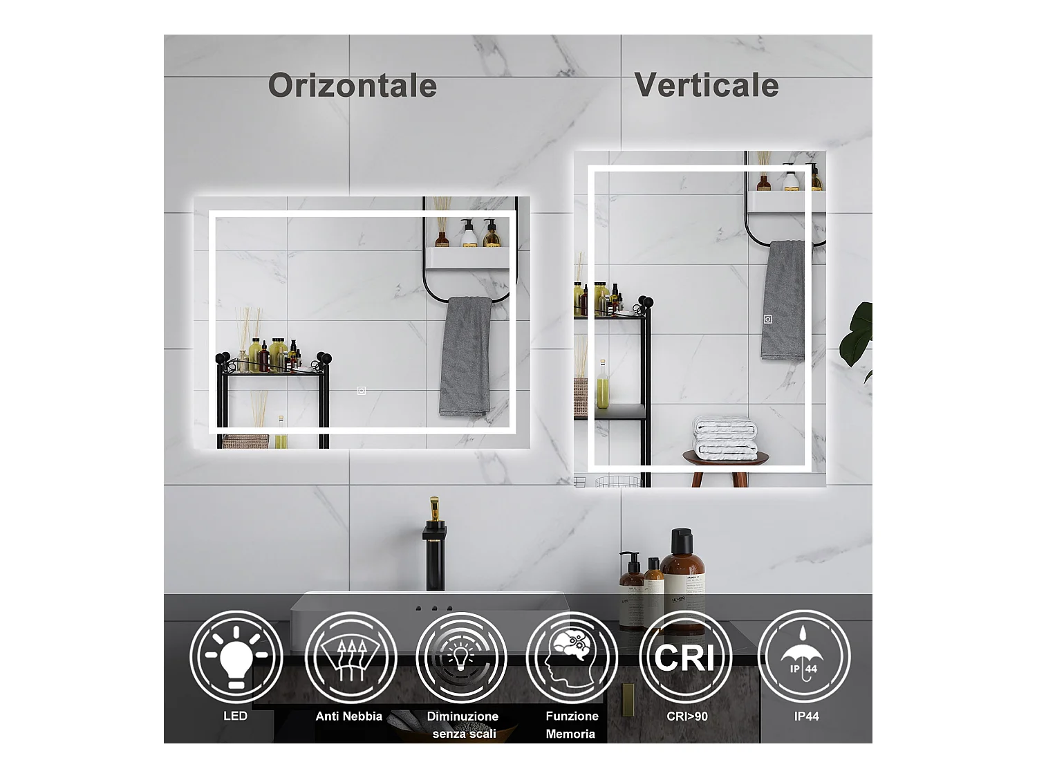 AICA Specchio da bagno  100 x 60 cm, dimmerabile, interruttore touch, Funzione Memoria, antiappannamento