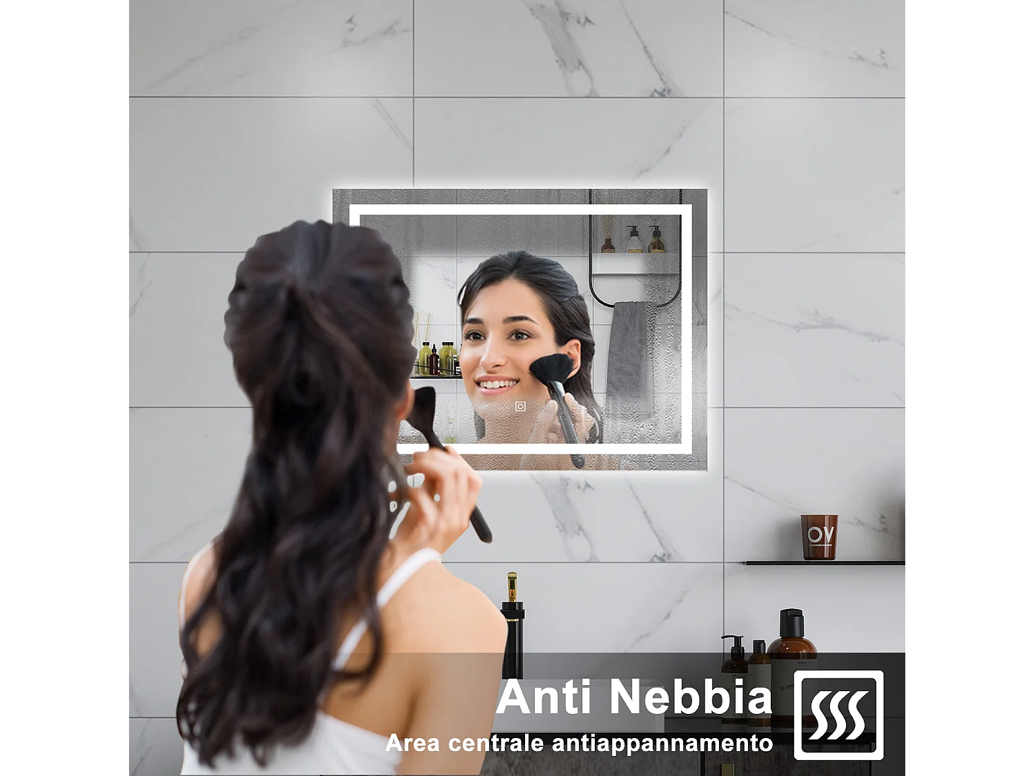 AICA Specchio da bagno  100 x 60 cm, dimmerabile, interruttore touch, Funzione Memoria, antiappannamento