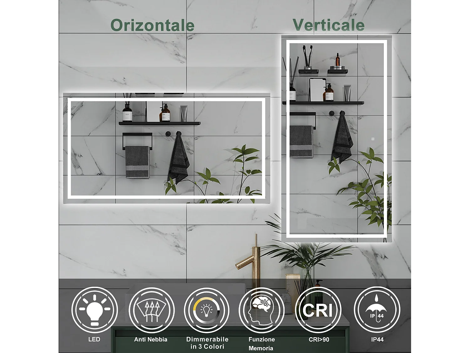 AICA Specchio da bagno  70 x 50 cm, dimmerabile, interruttore touch, Funzione Memoria, antiappannamento, 3 colori