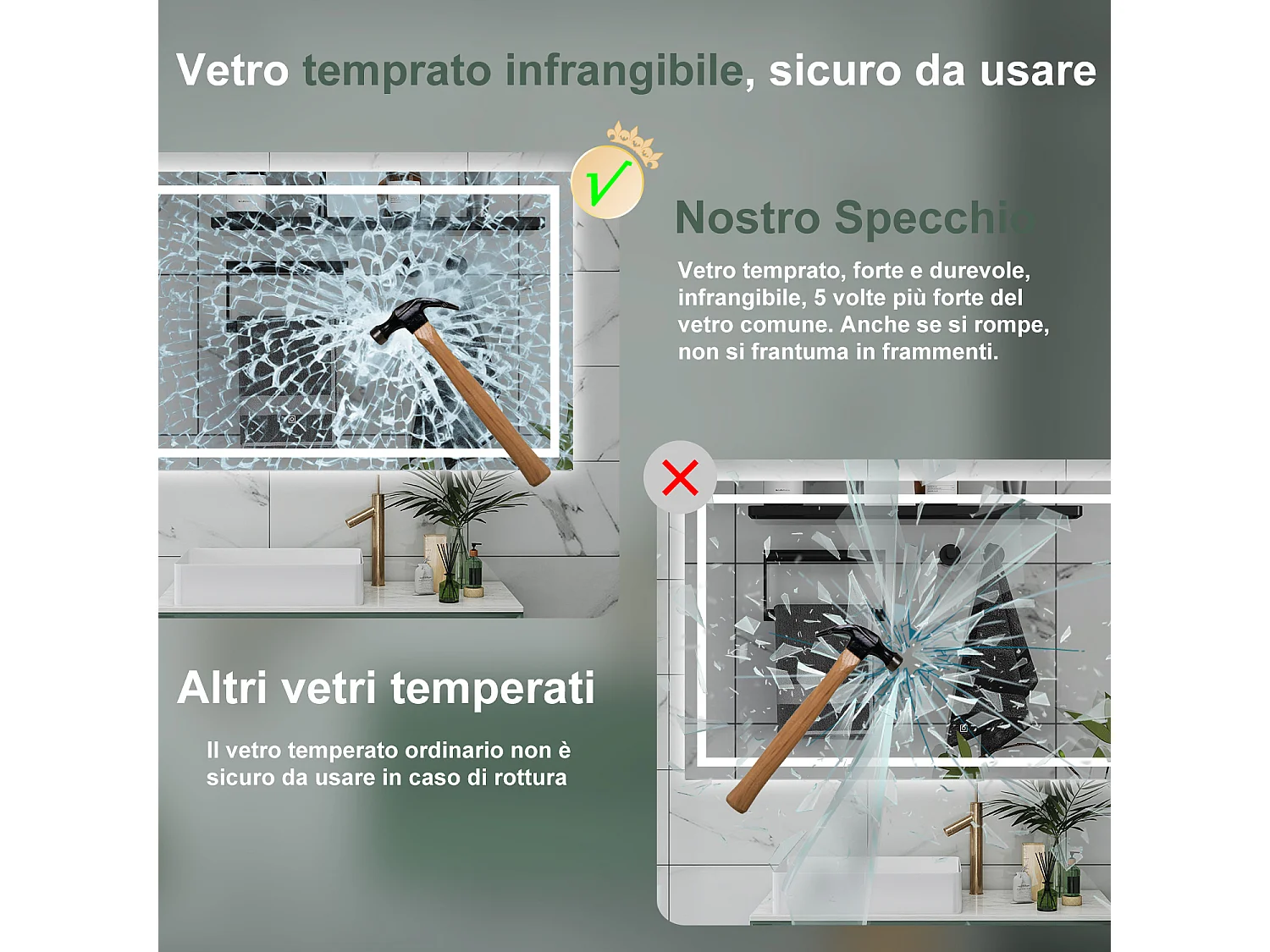 AICA Specchio da bagno  70 x 50 cm, dimmerabile, interruttore touch, Funzione Memoria, antiappannamento, 3 colori