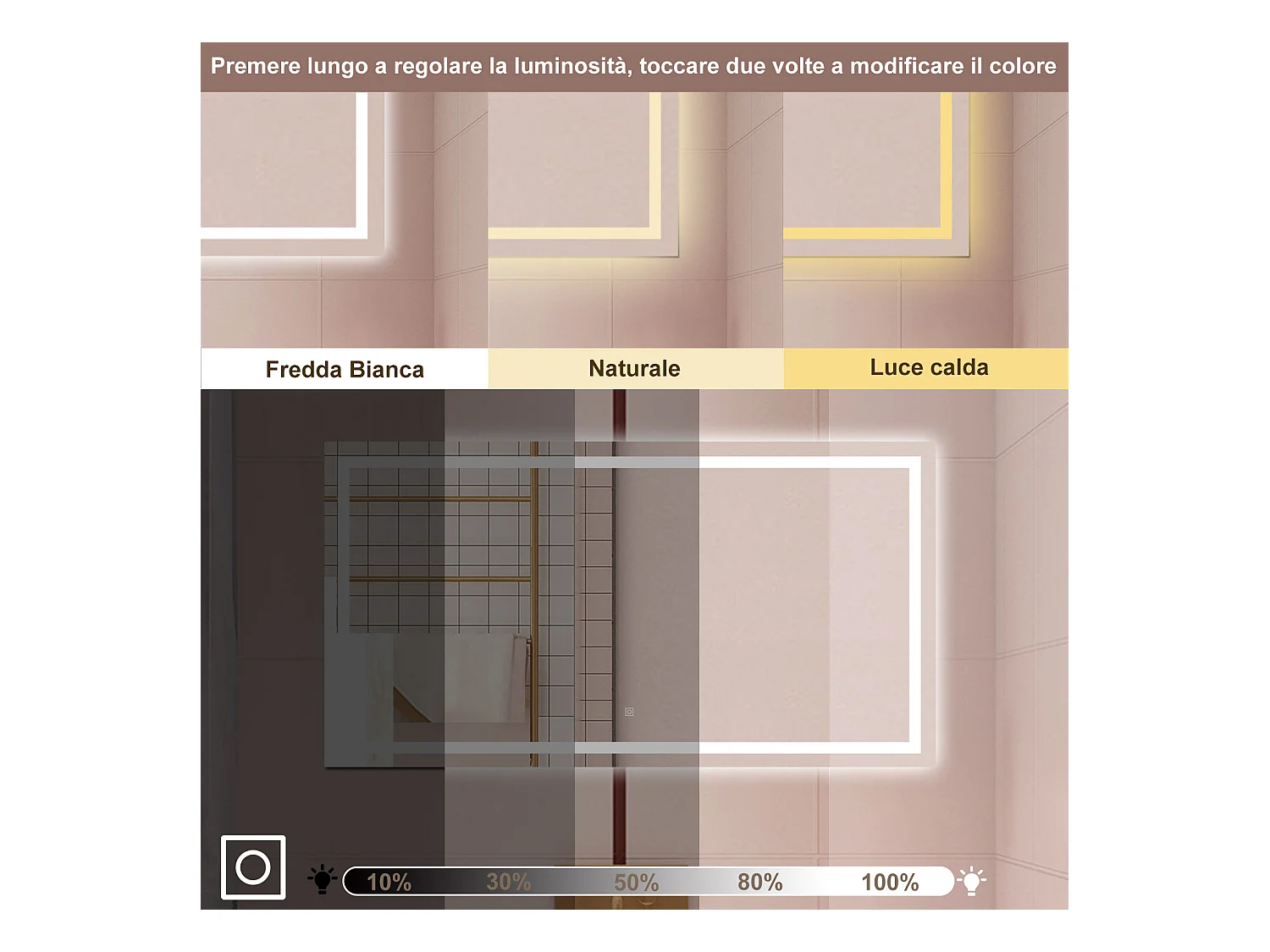 AICA Specchio da bagno  80 x 150 cm, dimmerabile, interruttore touch, Funzione Memoria, antiappannamento, 3 colori