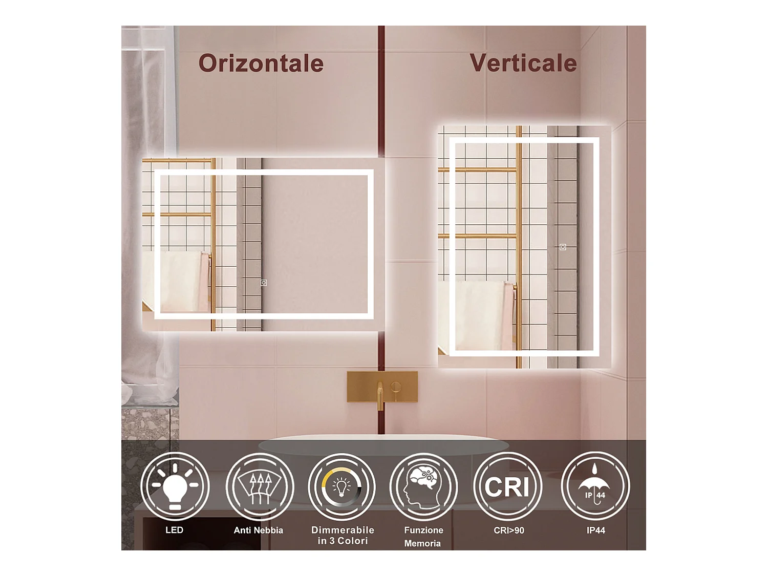 AICA Specchio da bagno  80 x 150 cm, dimmerabile, interruttore touch, Funzione Memoria, antiappannamento, 3 colori