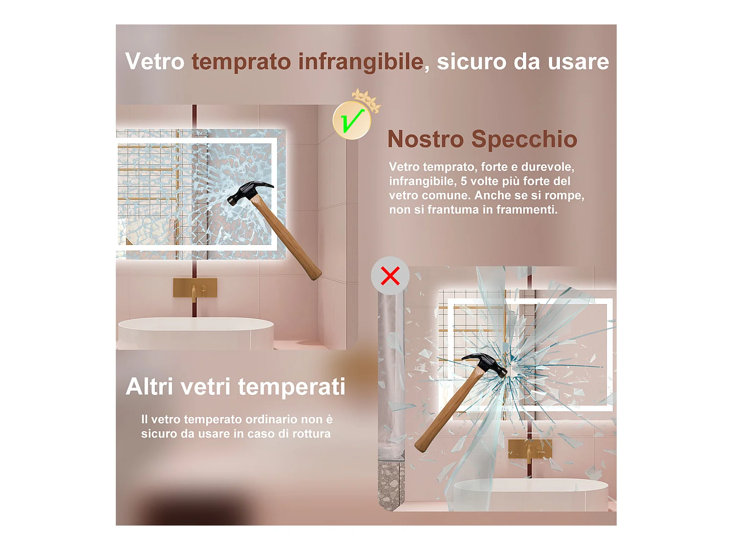 AICA Specchio da bagno  80 x 150 cm, dimmerabile, interruttore touch, Funzione Memoria, antiappannamento, 3 colori