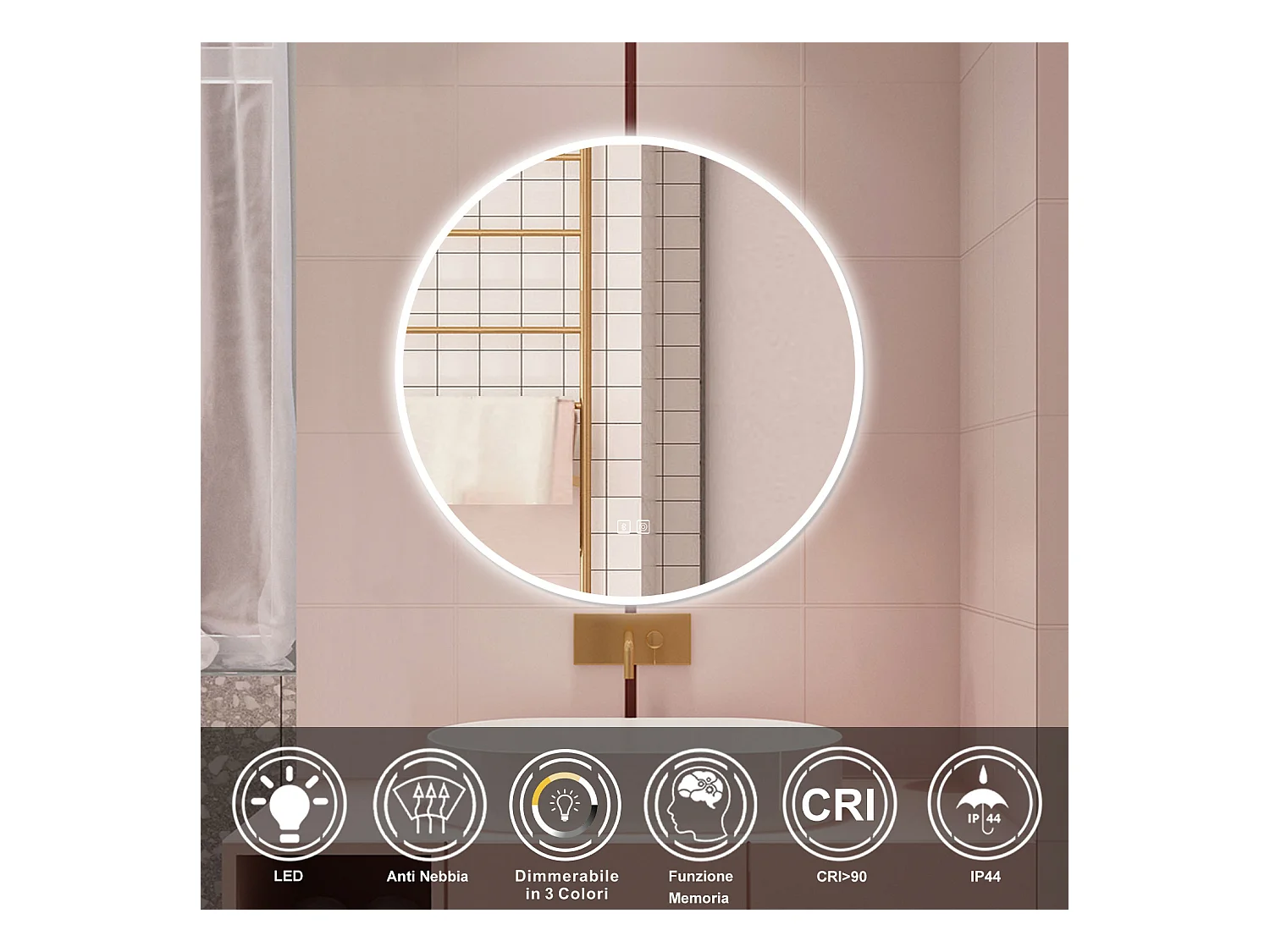 AICA Specchio da bagno 70 x 70 cm, blue tooth, 3 colori, antiappannamento, dimmerabile, interruttore touch, Funzione Memoria