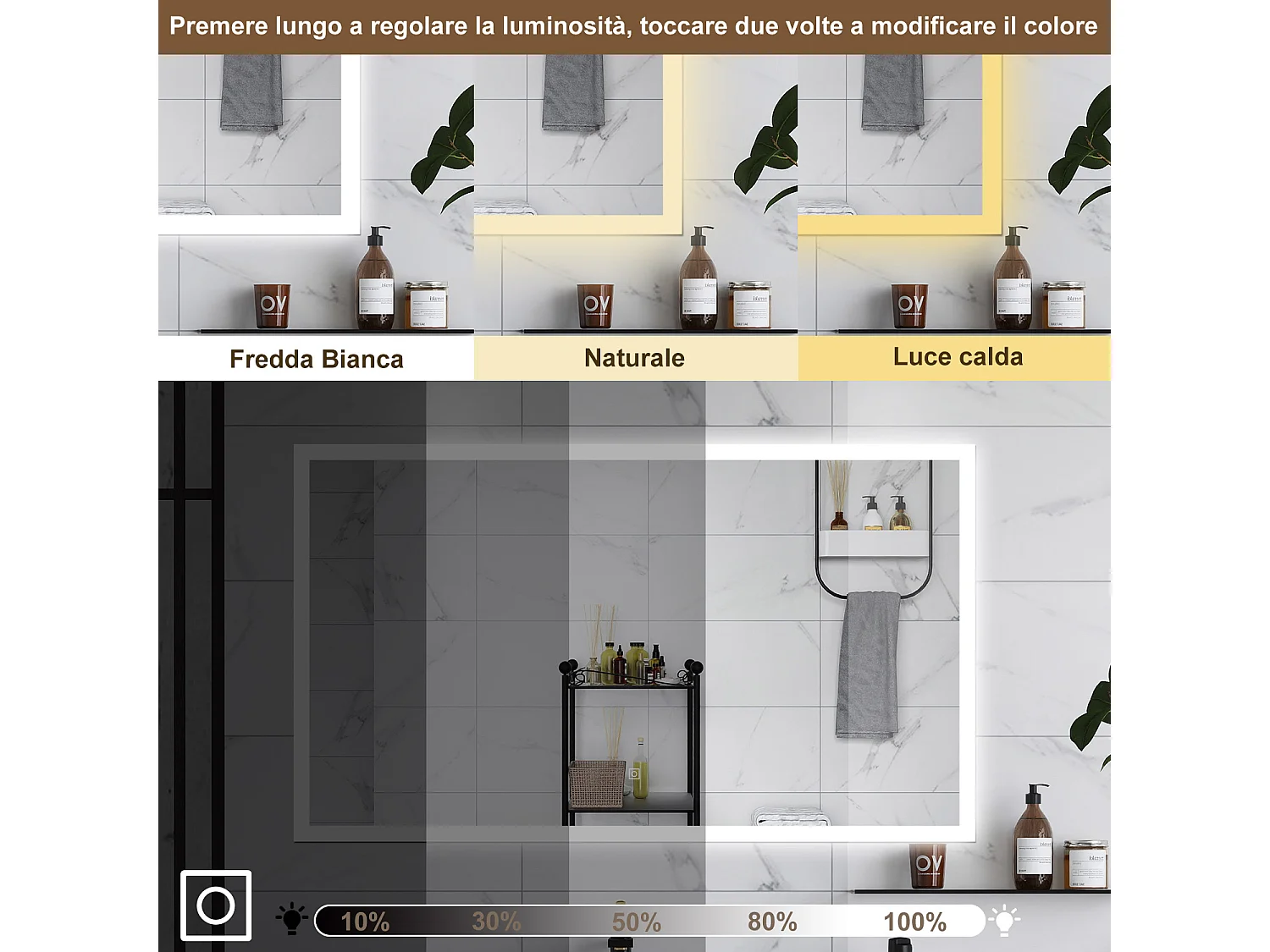 AICA Specchio da bagno  60 x 50 cm, dimmerabile, Funzione Memoria, antiappannamento, 3 colori