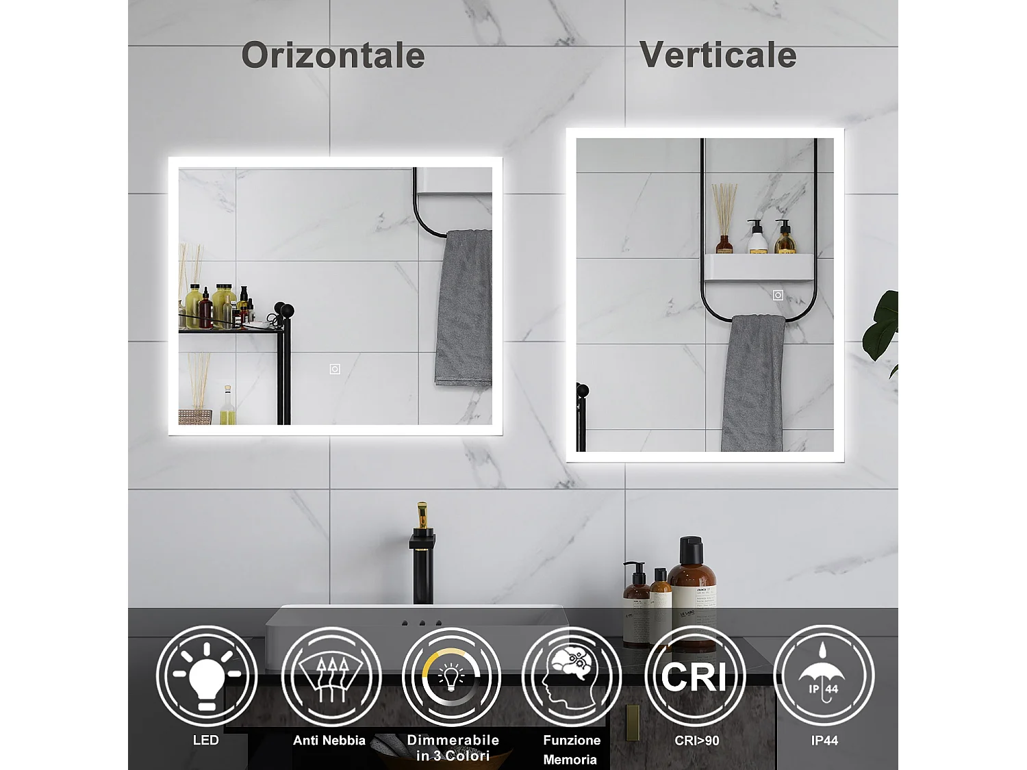 AICA Specchio da bagno  60 x 50 cm, dimmerabile, Funzione Memoria, antiappannamento, 3 colori