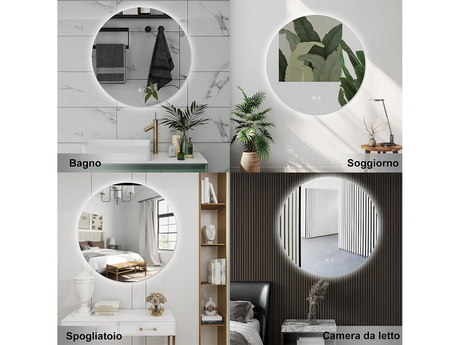 AICA Specchio da bagno 100 x 100 cm, 3 colori, antiappannamento, dimmerabile, interruttore touch, Funzione Memoria