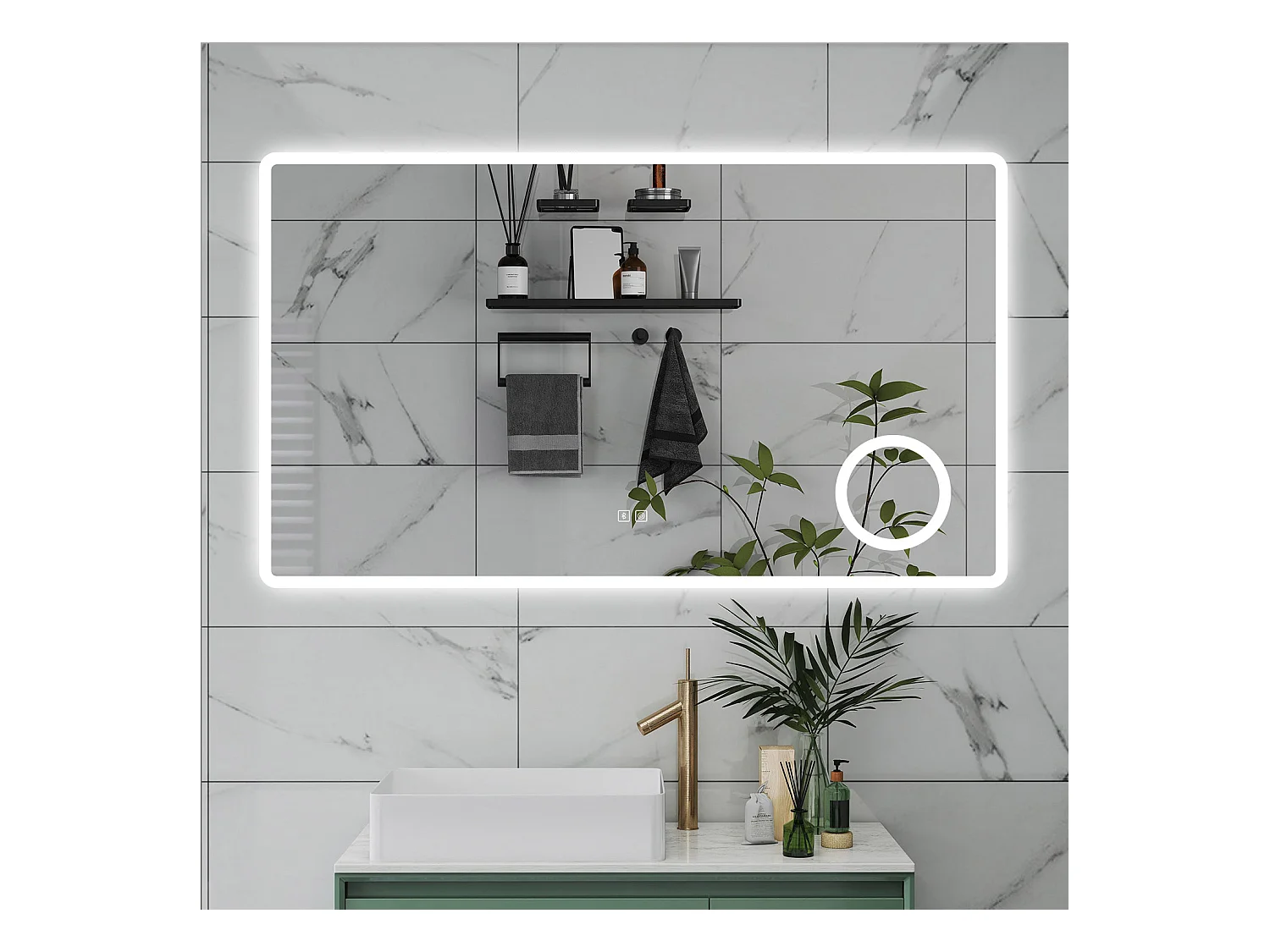 AICA Specchio da bagno  100 x 60 cm, dimmerabile, Blue tooth, Funzione Memoria, antiappannamento, 3 colori, Magnificatore