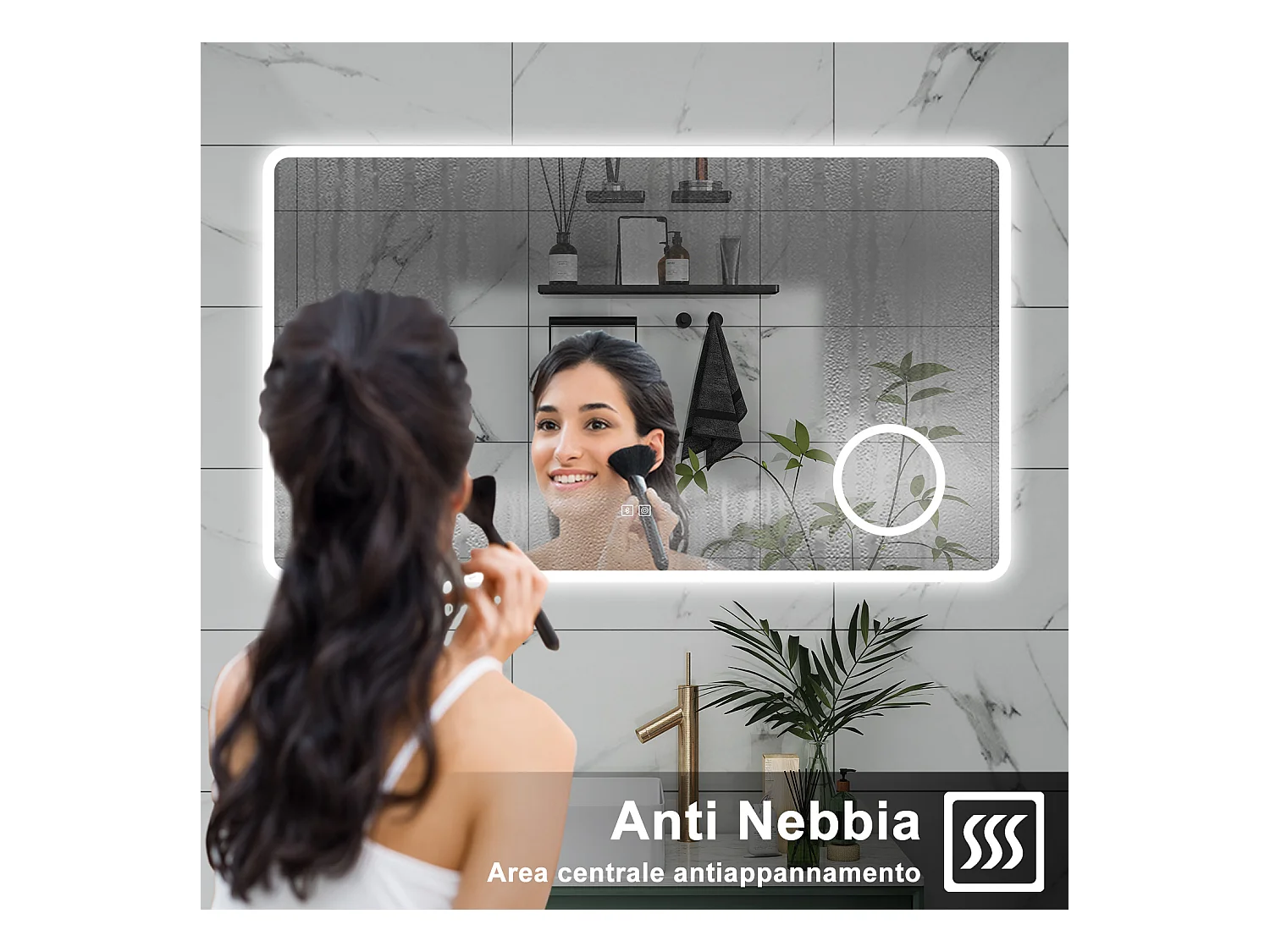 AICA Specchio da bagno  100 x 60 cm, dimmerabile, Blue tooth, Funzione Memoria, antiappannamento, 3 colori, Magnificatore