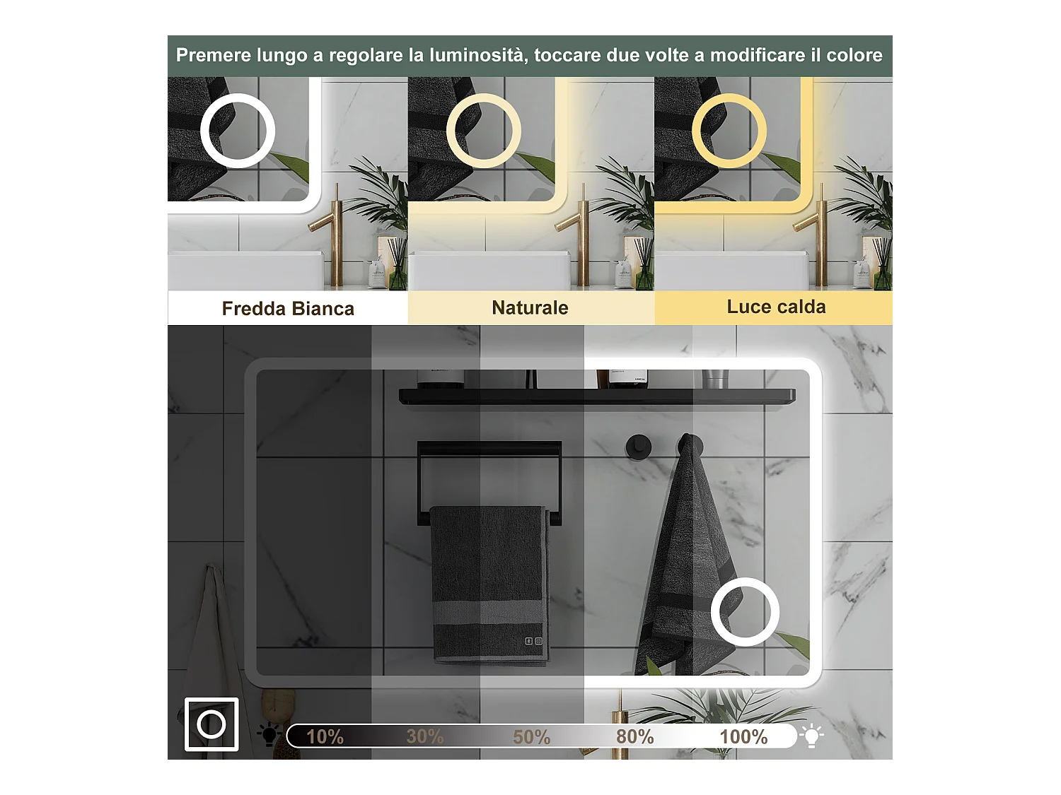 AICA Specchio da bagno  100 x 60 cm, dimmerabile, Blue tooth, Funzione Memoria, antiappannamento, 3 colori, Magnificatore