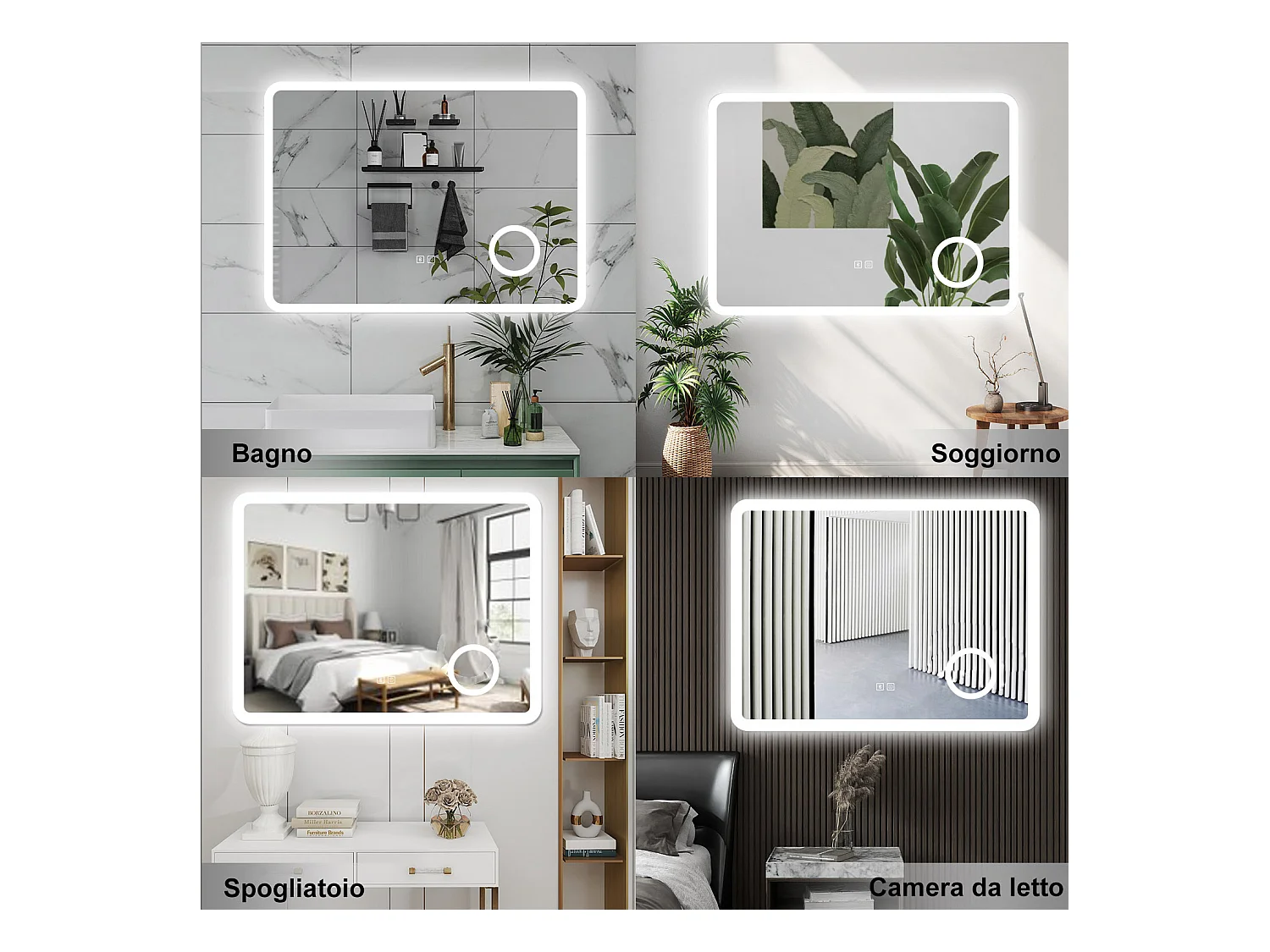 AICA Specchio da bagno  100 x 60 cm, dimmerabile, Blue tooth, Funzione Memoria, antiappannamento, 3 colori, Magnificatore