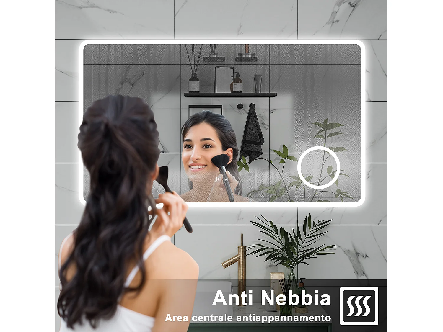AICA Specchio da bagno  100 x 60 cm, dimmerabile, Blue tooth, Funzione Memoria, antiappannamento, 3 colori, Magnificatore