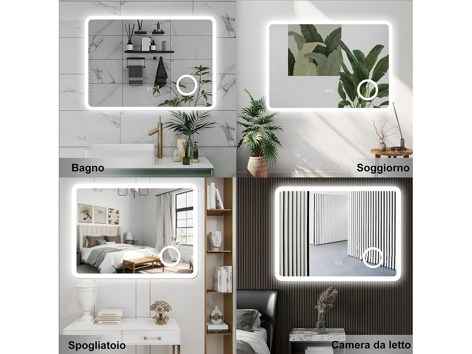 AICA Specchio da bagno  100 x 60 cm, dimmerabile, Blue tooth, Funzione Memoria, antiappannamento, 3 colori, Magnificatore
