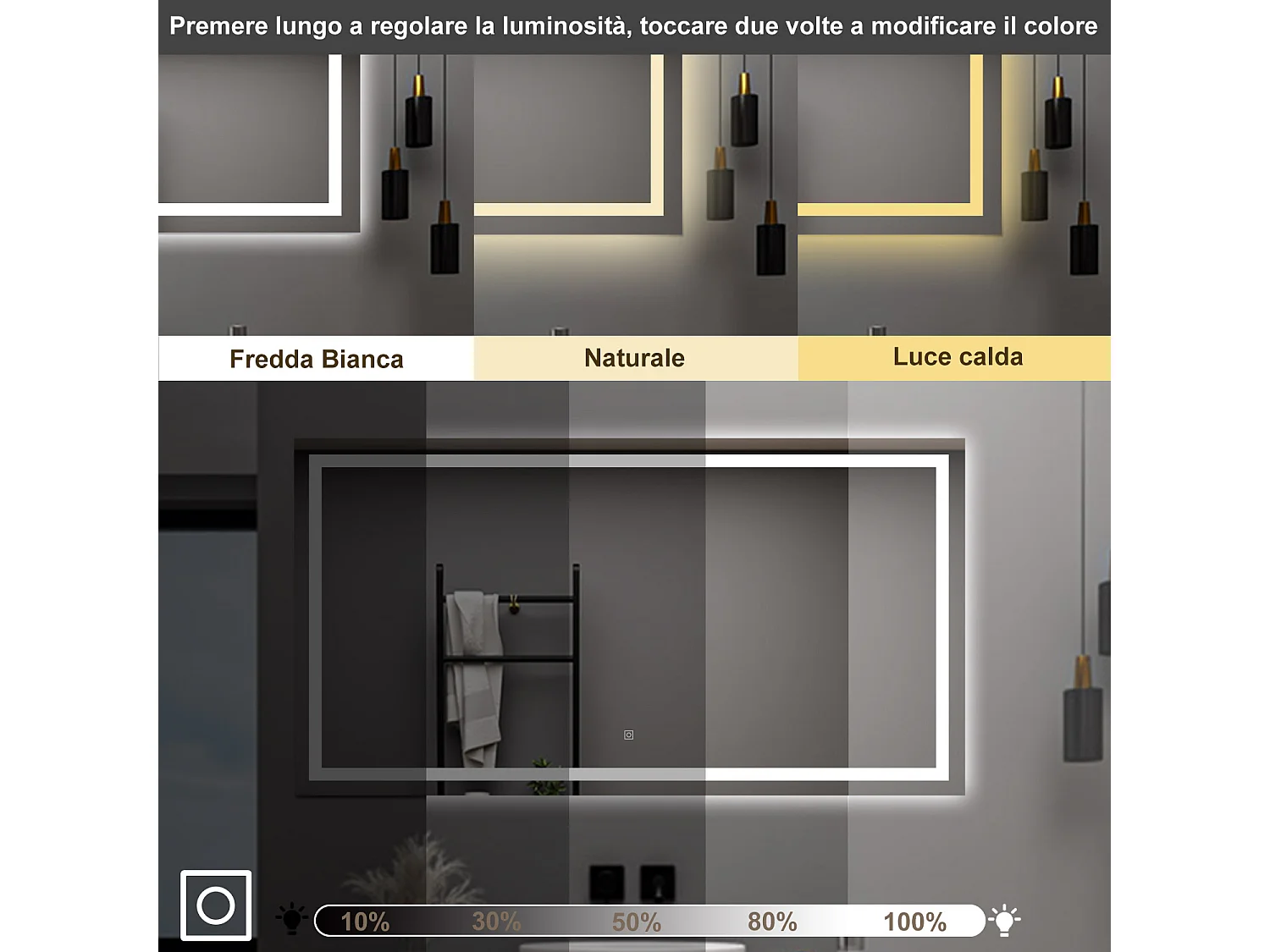 AICA Specchio da bagno  80 x 150 cm, dimmerabile, interruttore touch, Funzione Memoria, antiappannamento, 3 colori