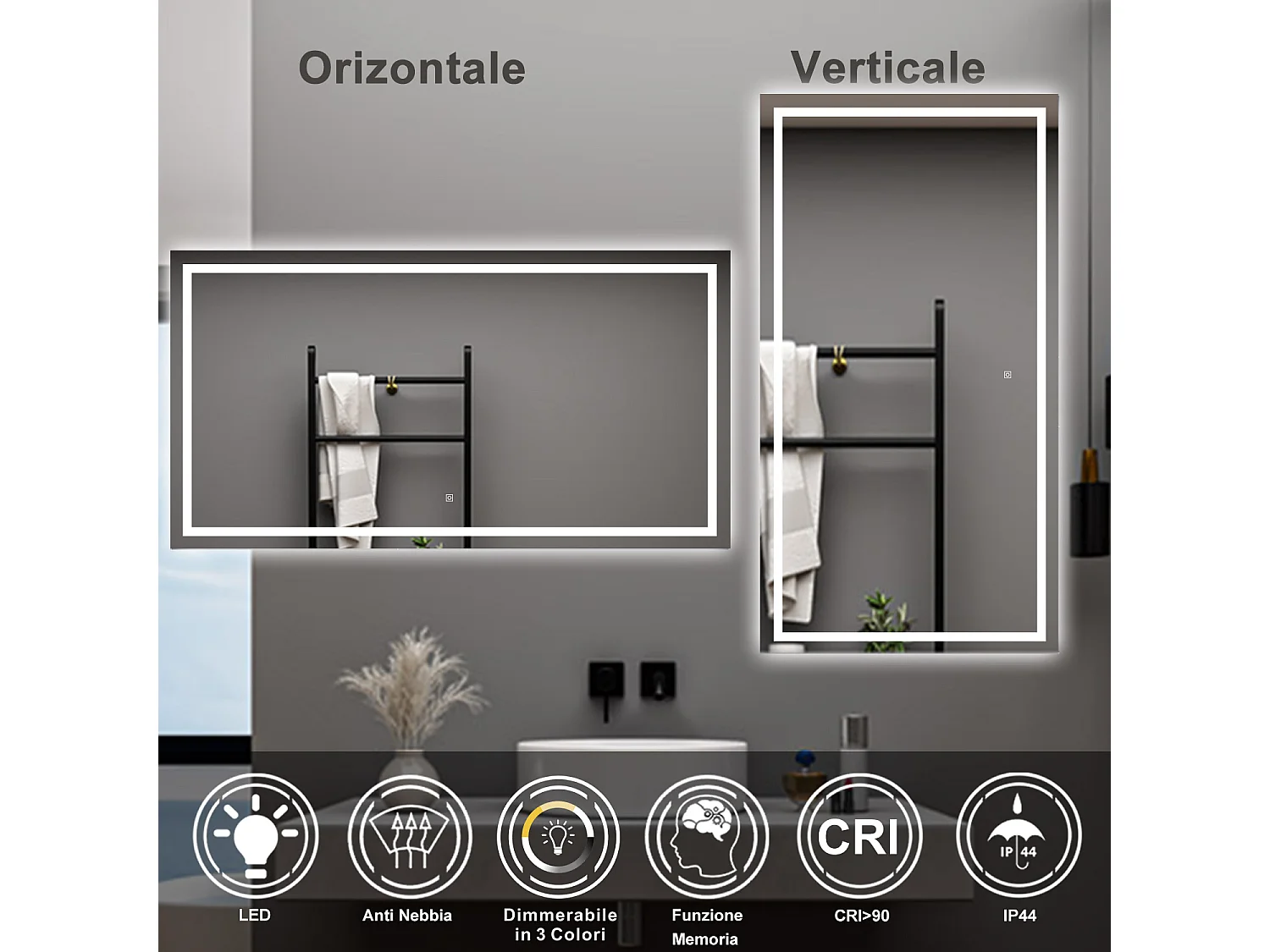 AICA Specchio da bagno  80 x 150 cm, dimmerabile, interruttore touch, Funzione Memoria, antiappannamento, 3 colori