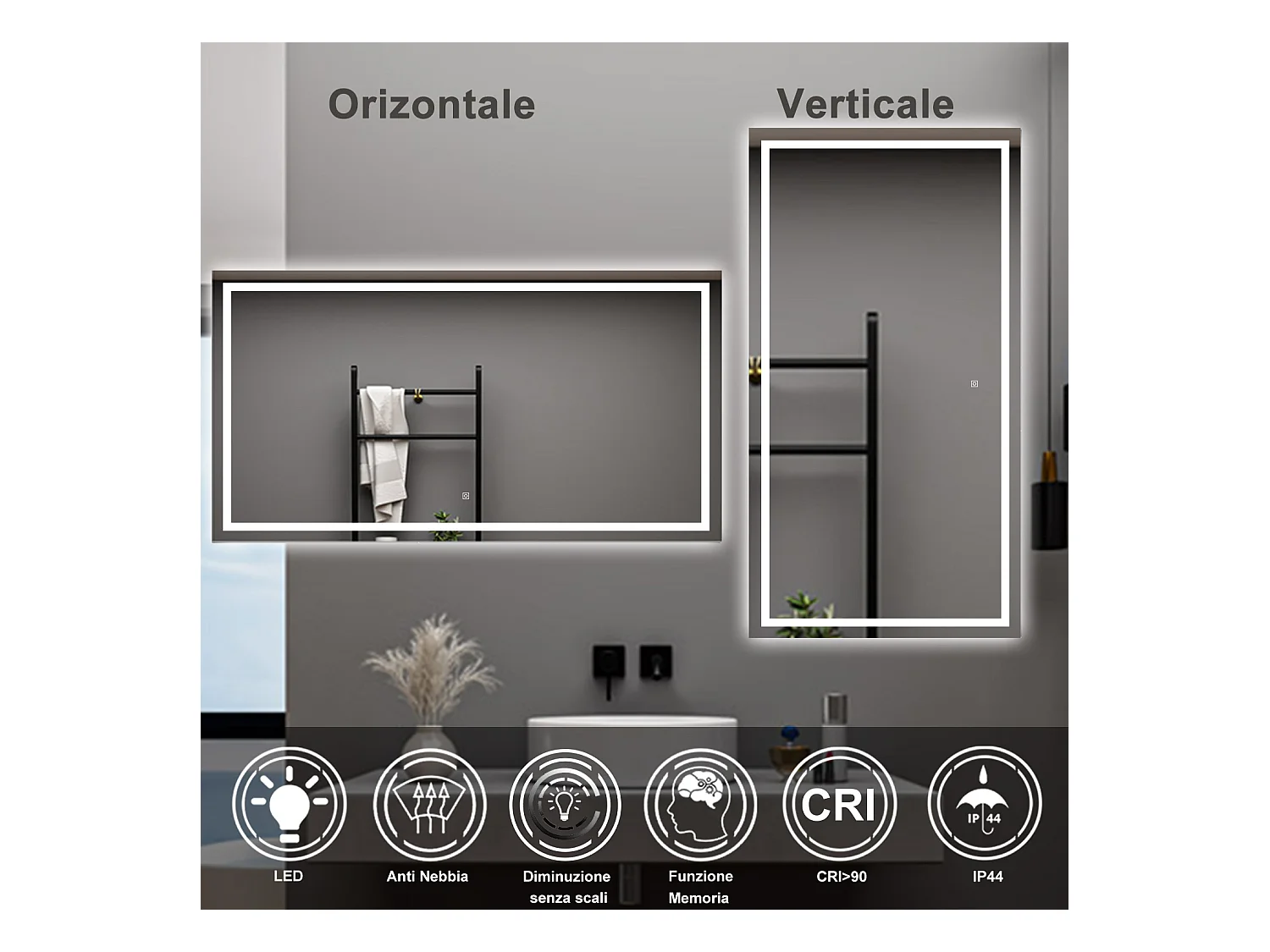 AICA Specchio da bagno  80 x 120 cm, dimmerabile, interruttore touch, Funzione Memoria, antiappannamento