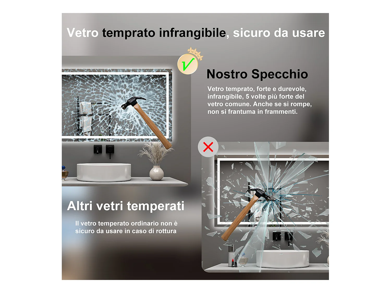 AICA Specchio da bagno  80 x 120 cm, dimmerabile, interruttore touch, Funzione Memoria, antiappannamento