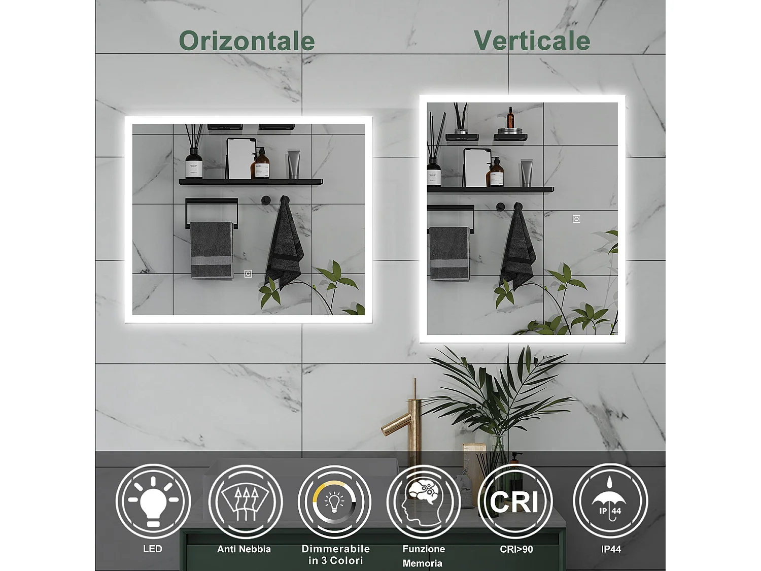 AICA Specchio da bagno  60 x 50 cm, dimmerabile, Funzione Memoria, antiappannamento, 3 colori