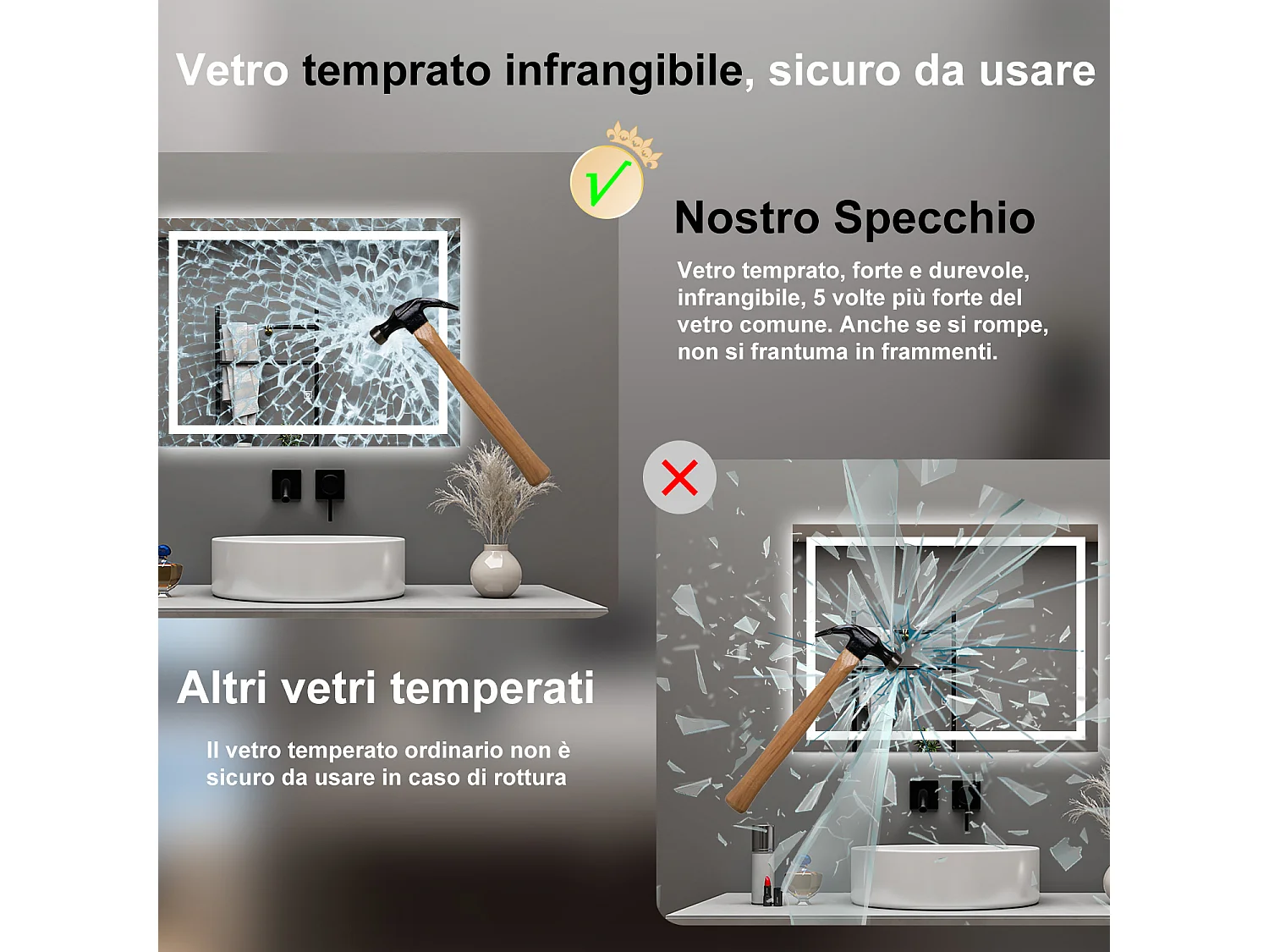 AICA Specchio da bagno  100 x 60 cm, dimmerabile, interruttore touch, Funzione Memoria, antiappannamento