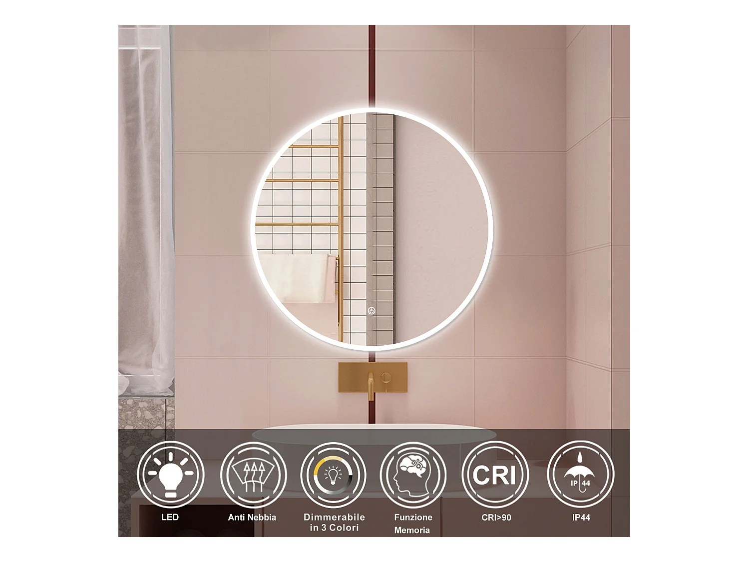 AICA Specchio da bagno 100 x 100 cm, 3 colori, antiappannamento, dimmerabile, interruttore touch, Funzione Memoria