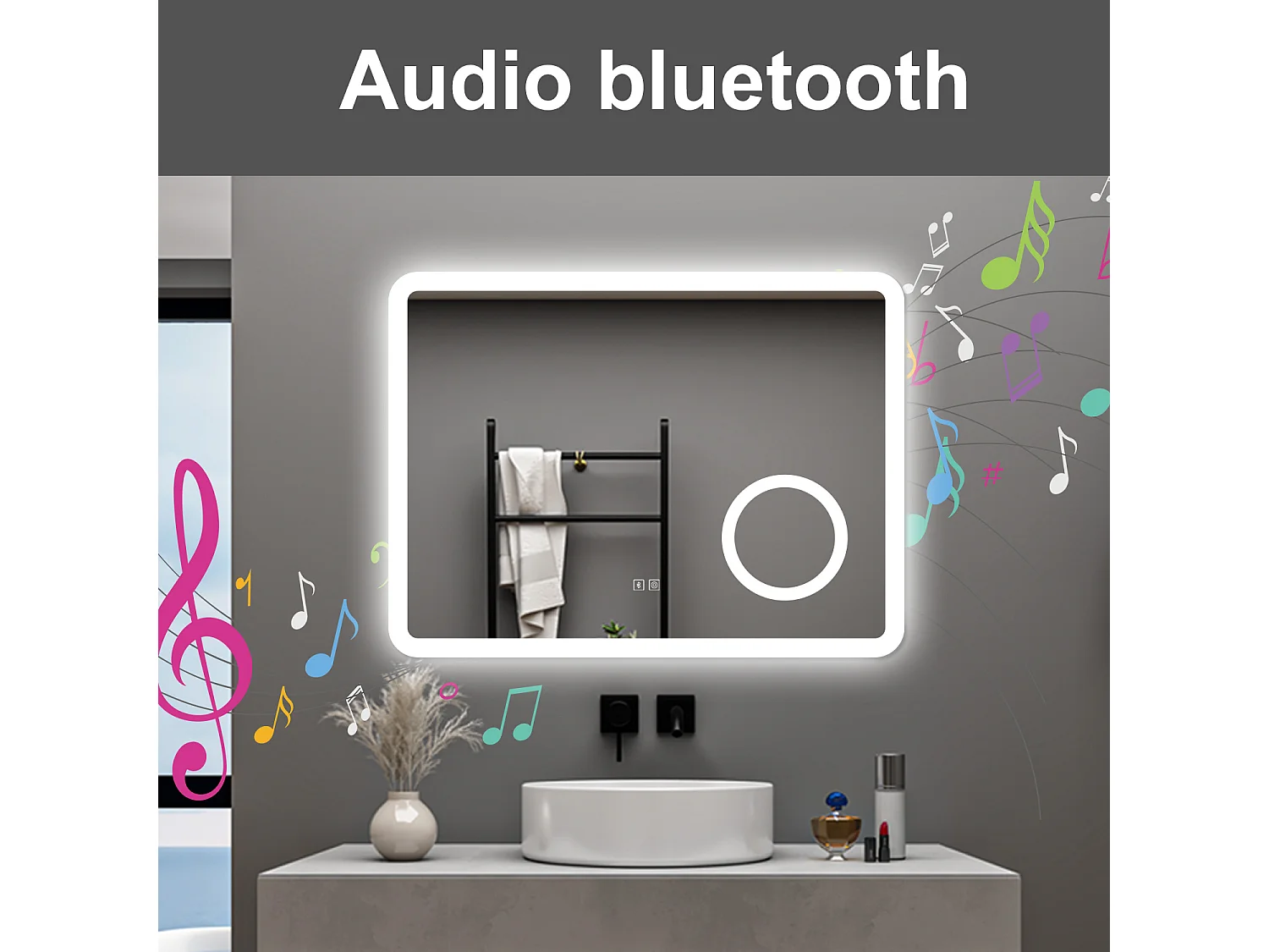 AICA Specchio da bagno  60 x 80 cm, dimmerabile, Blue tooth, Funzione Memoria, antiappannamento, 3 colori, Magnificatore