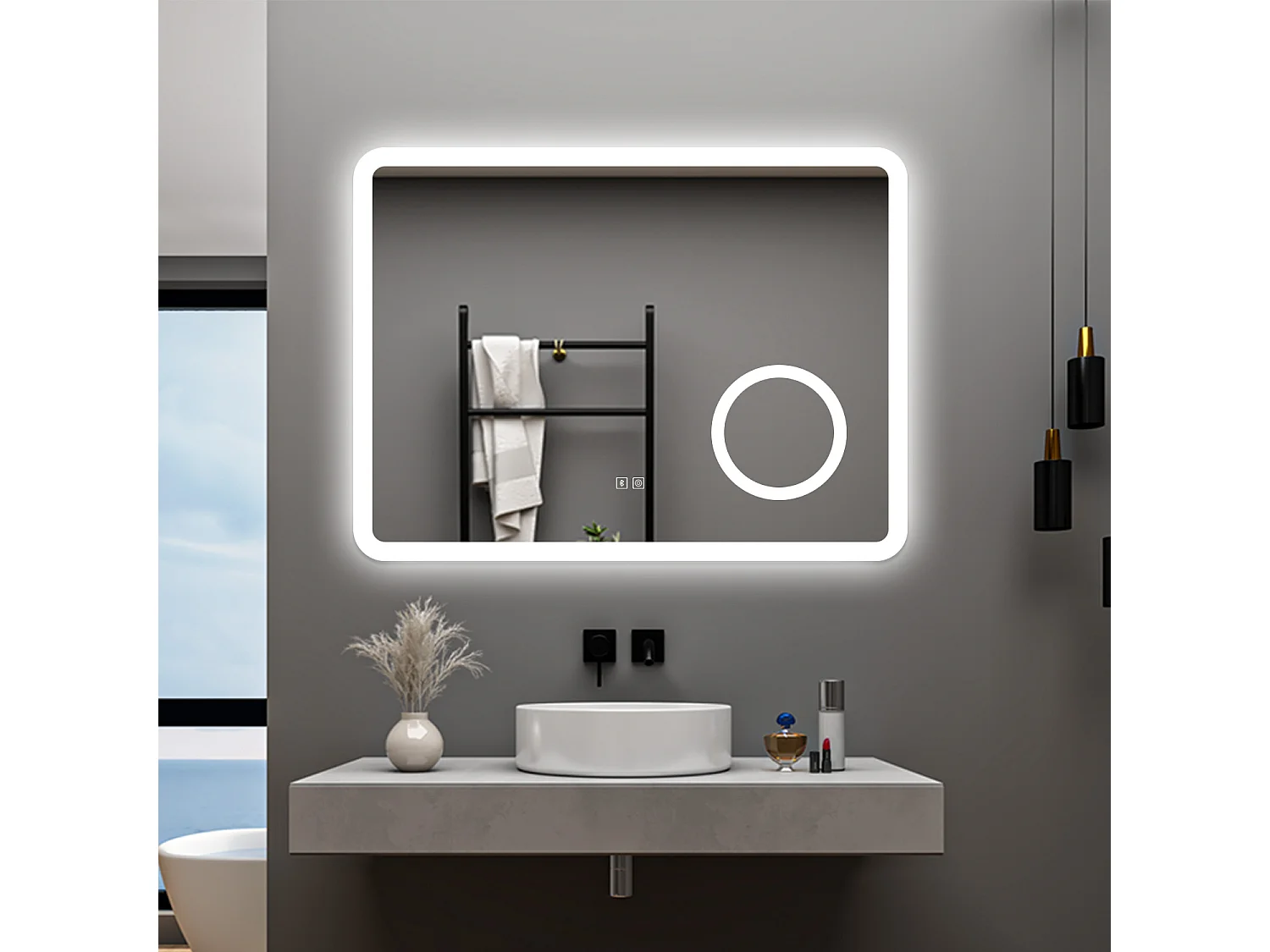 AICA Specchio da bagno  60 x 80 cm, dimmerabile, Blue tooth, Funzione Memoria, antiappannamento, 3 colori, Magnificatore