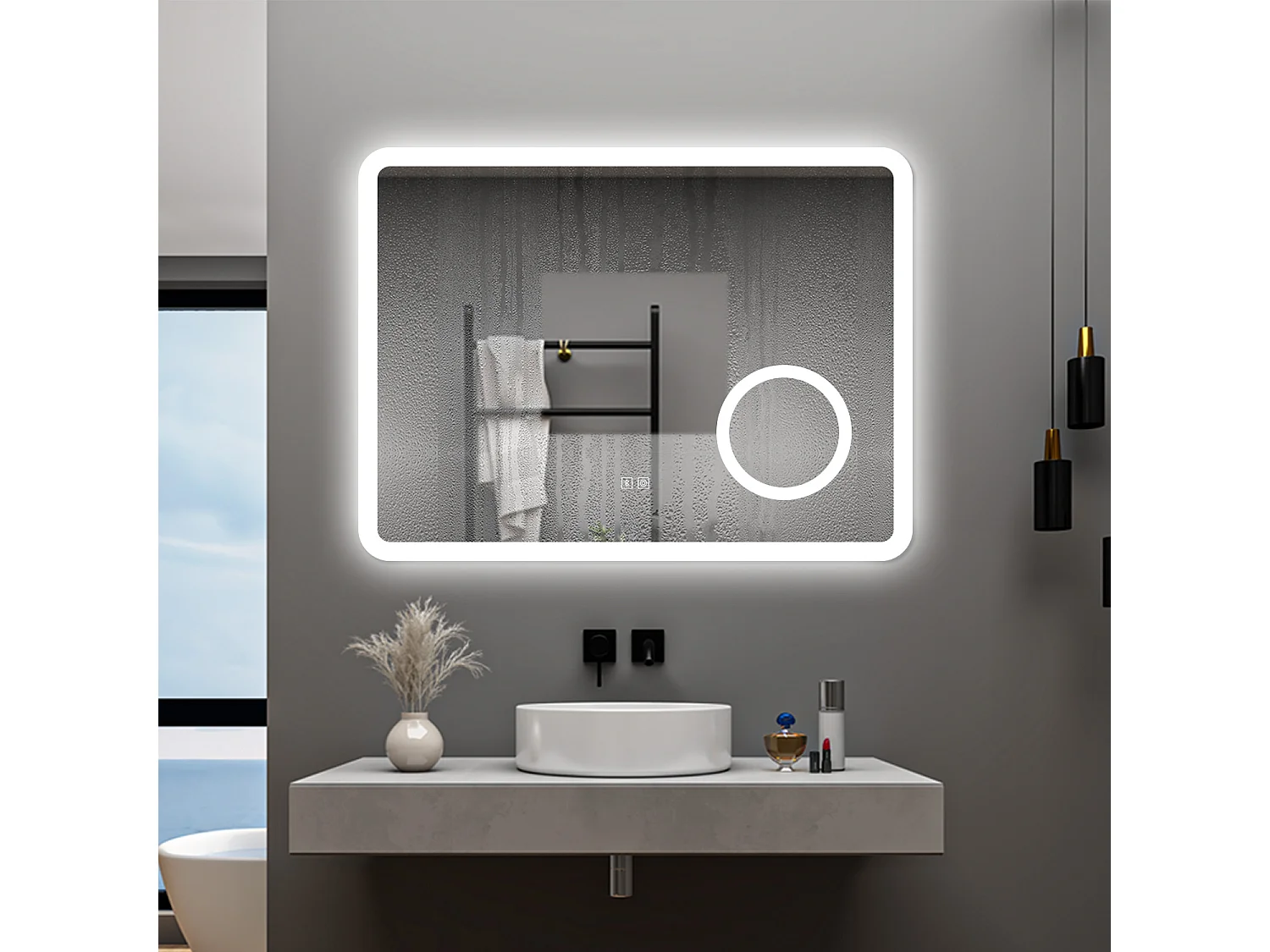 AICA Specchio da bagno  60 x 80 cm, dimmerabile, Blue tooth, Funzione Memoria, antiappannamento, 3 colori, Magnificatore