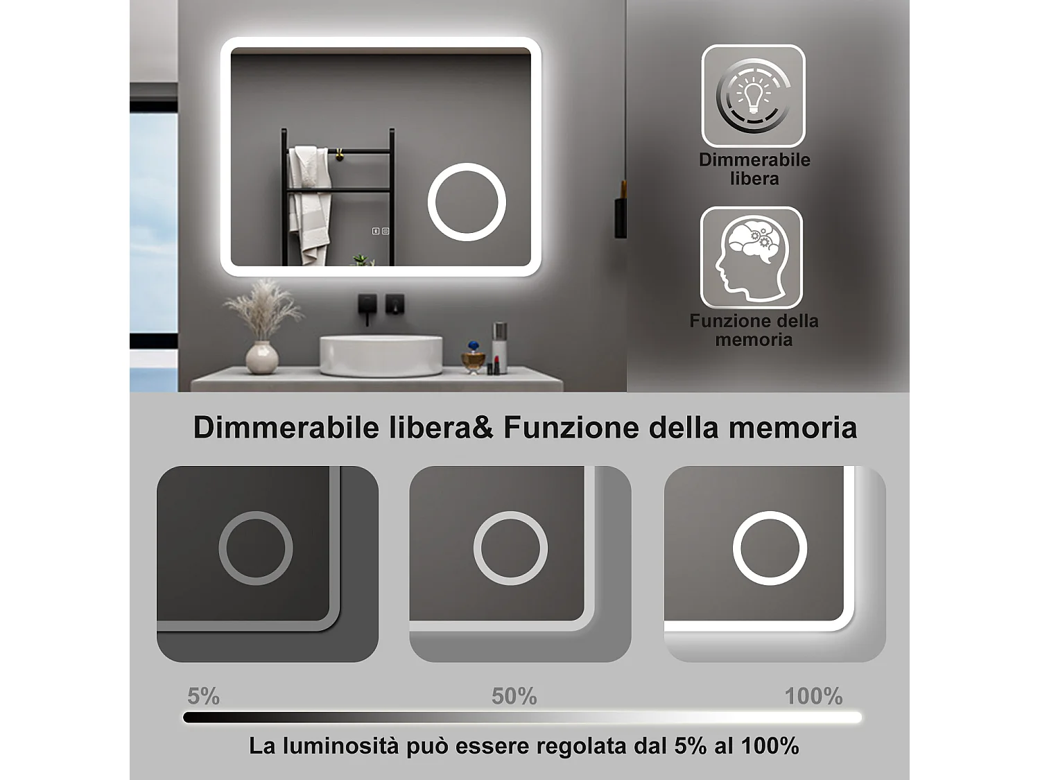 AICA Specchio da bagno  60 x 80 cm, dimmerabile, Blue tooth, Funzione Memoria, antiappannamento, 3 colori, Magnificatore