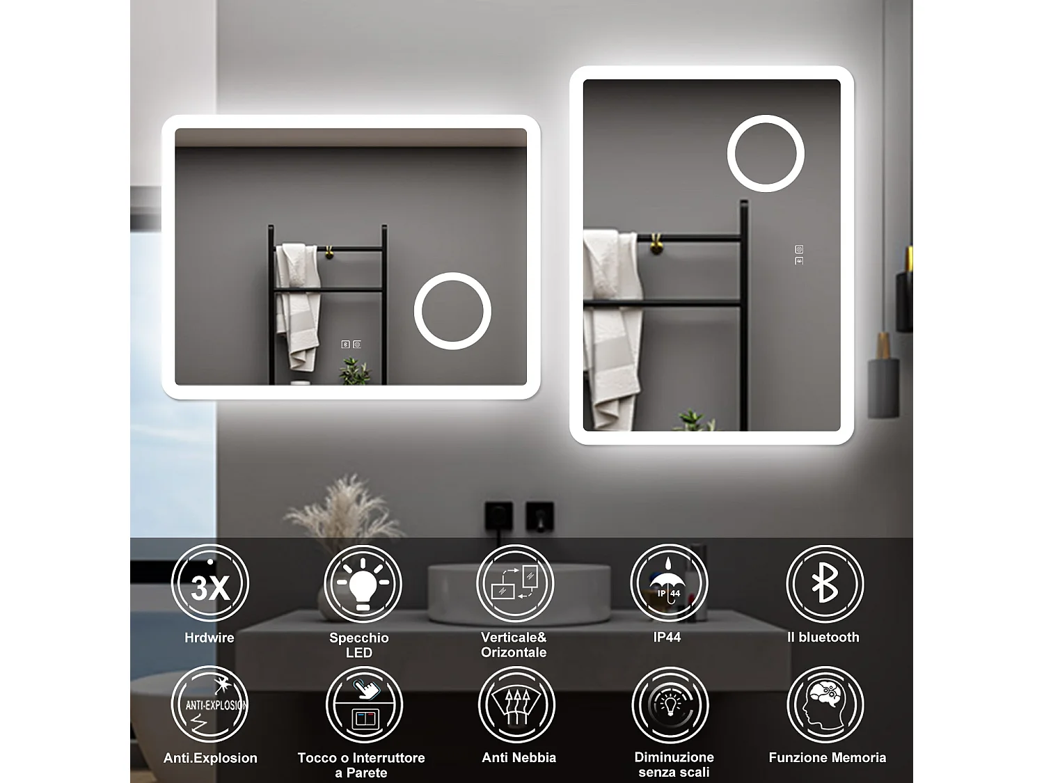 AICA Specchio da bagno  60 x 80 cm, dimmerabile, Blue tooth, Funzione Memoria, antiappannamento, 3 colori, Magnificatore