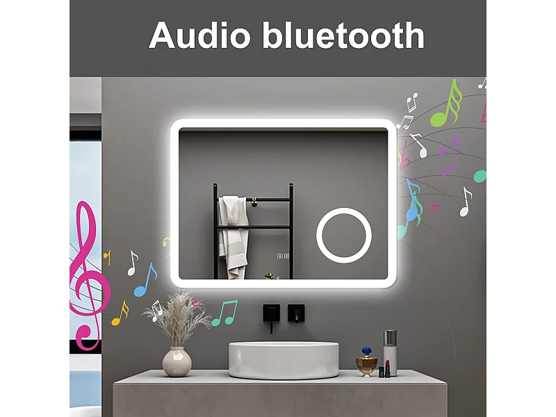 AICA Specchio da bagno  60 x 80 cm, dimmerabile, Blue tooth, Funzione Memoria, antiappannamento, 3 colori, Magnificatore
